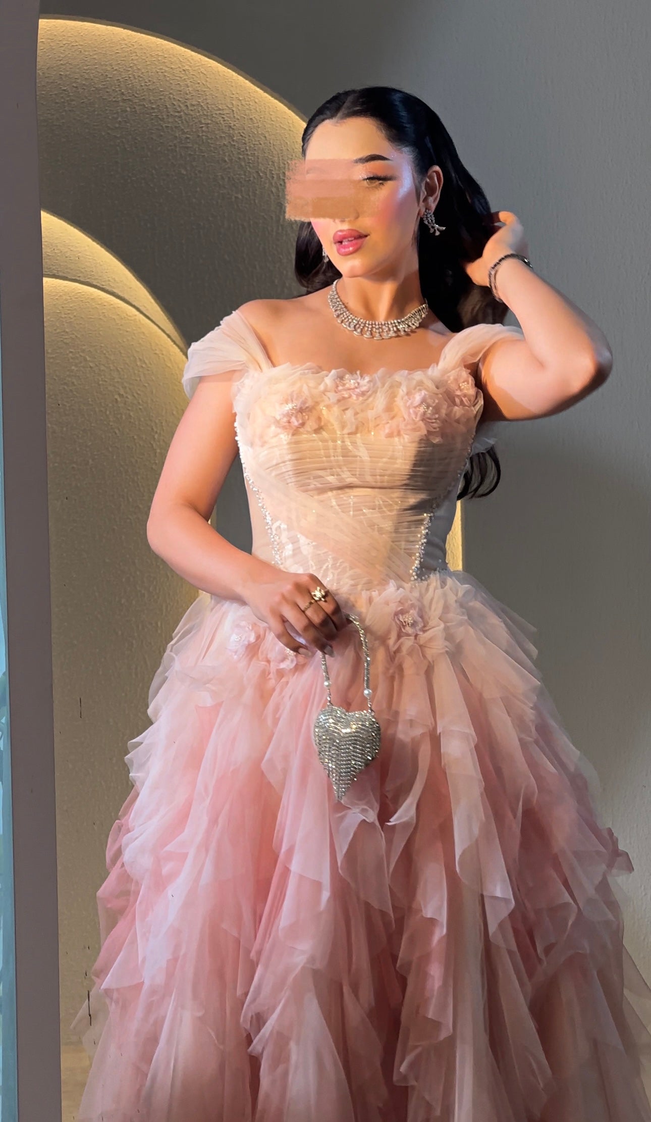 Ombré tulle layered dress with hand details فستان اومبري مع كسرات و شغل يد