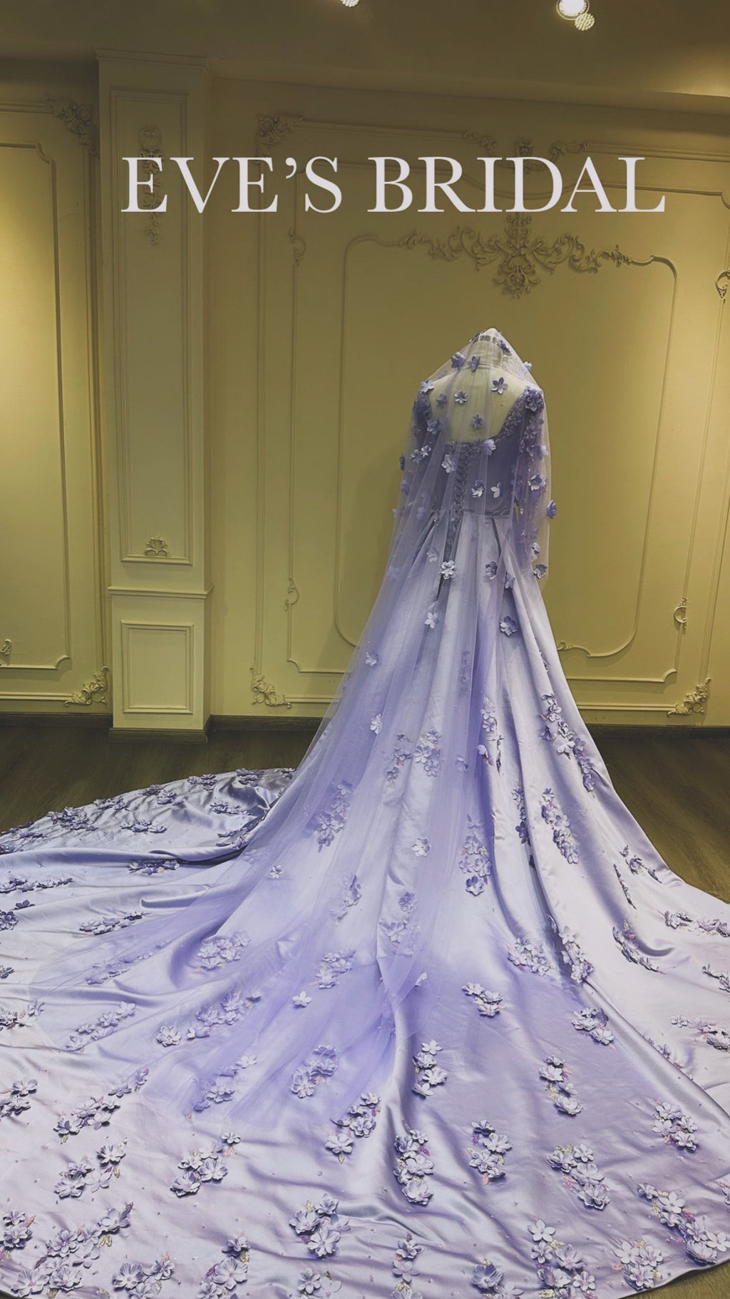 Lilac flower dress with veil and handmade flowers فستان خطوبة ليلكي مع تركيب يدوي للورد