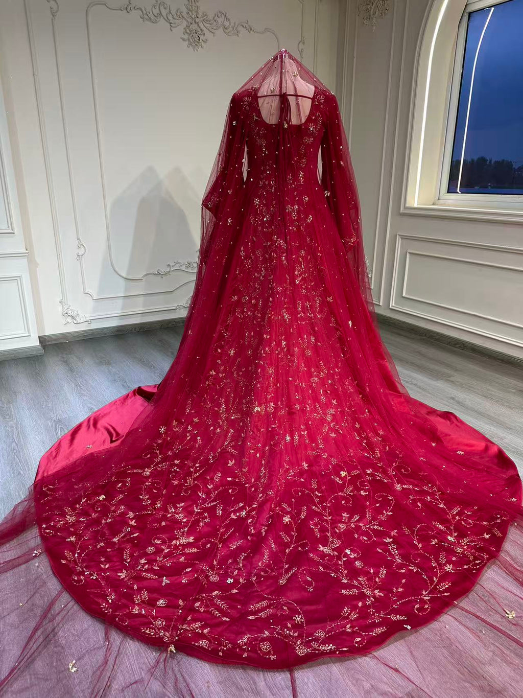 Red malka dress with fully embroidered tail فستان ملكة احمر مع ذيل مشكوك بالكامل