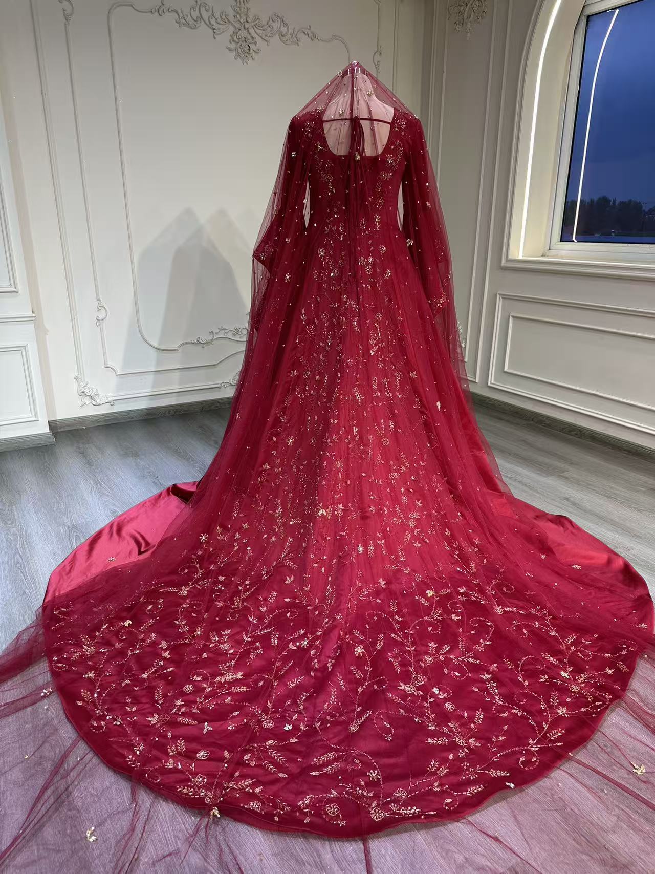 Red malka dress with fully embroidered tail فستان ملكة احمر مع ذيل مشكوك بالكامل
