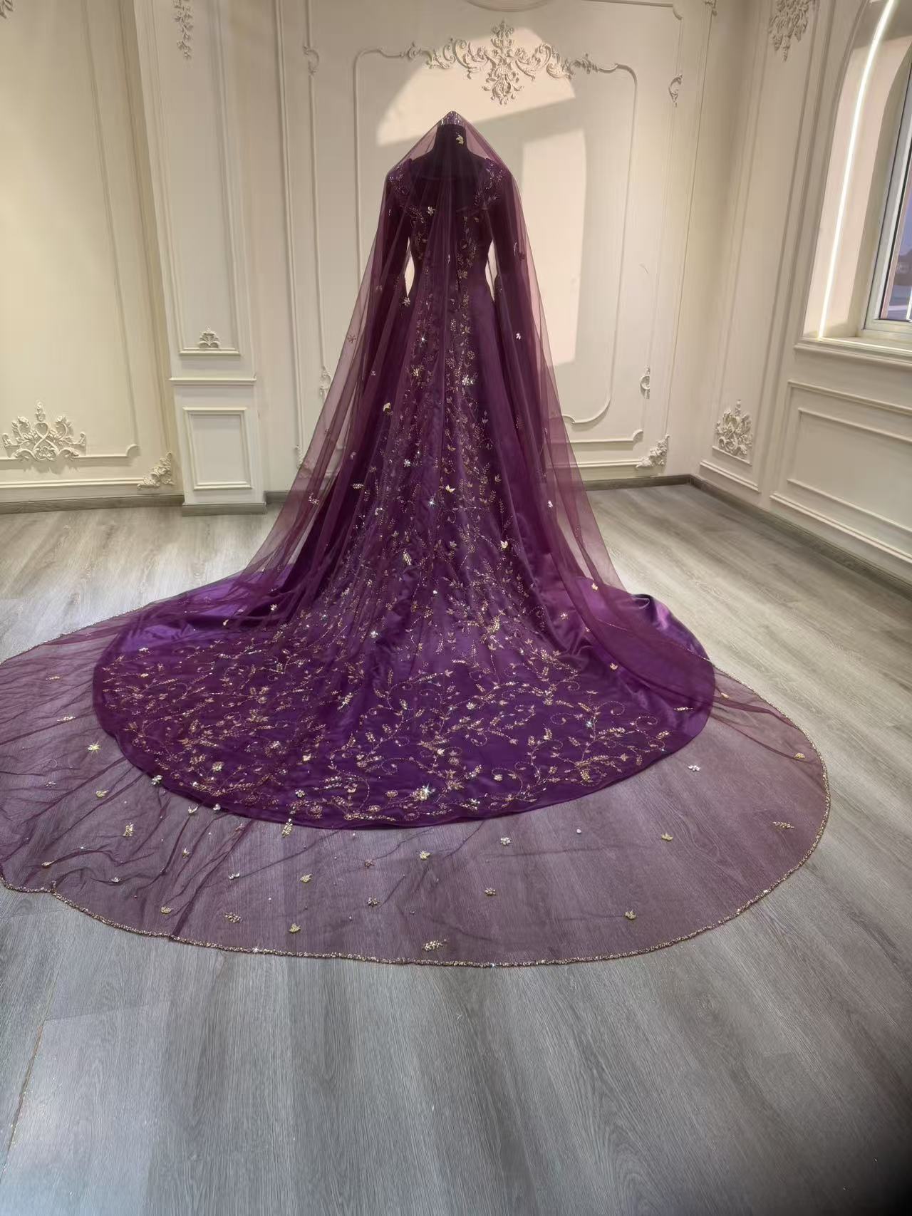 Dark purple satin dress with hand embroidered tail and veil فستان ساتان بنفسجي مع شك يدوي بالذيل بالكامل