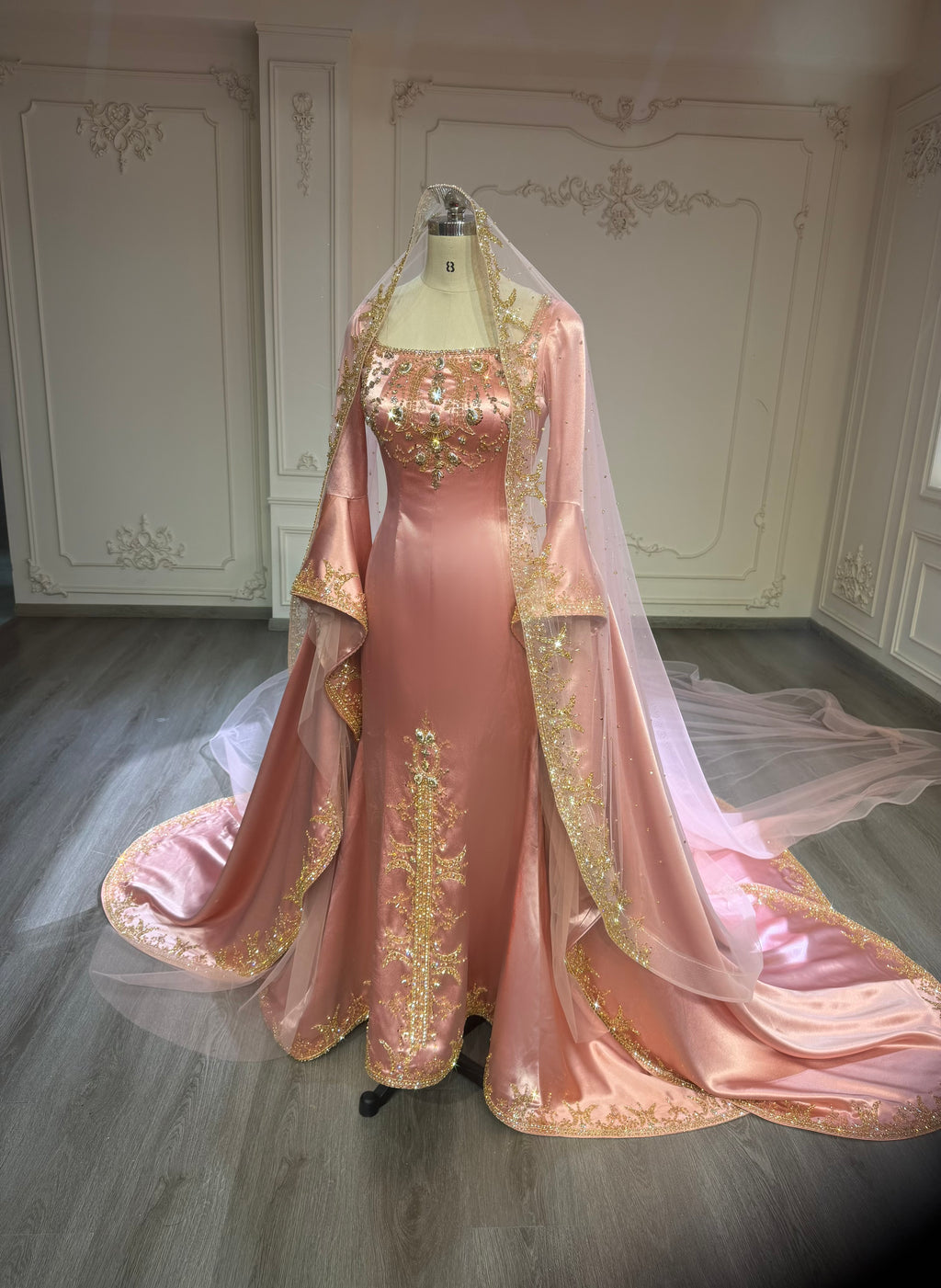 Peach henna dress with heavy hand beading فستان حنه مشمشي مع شك يدوي ثقيل