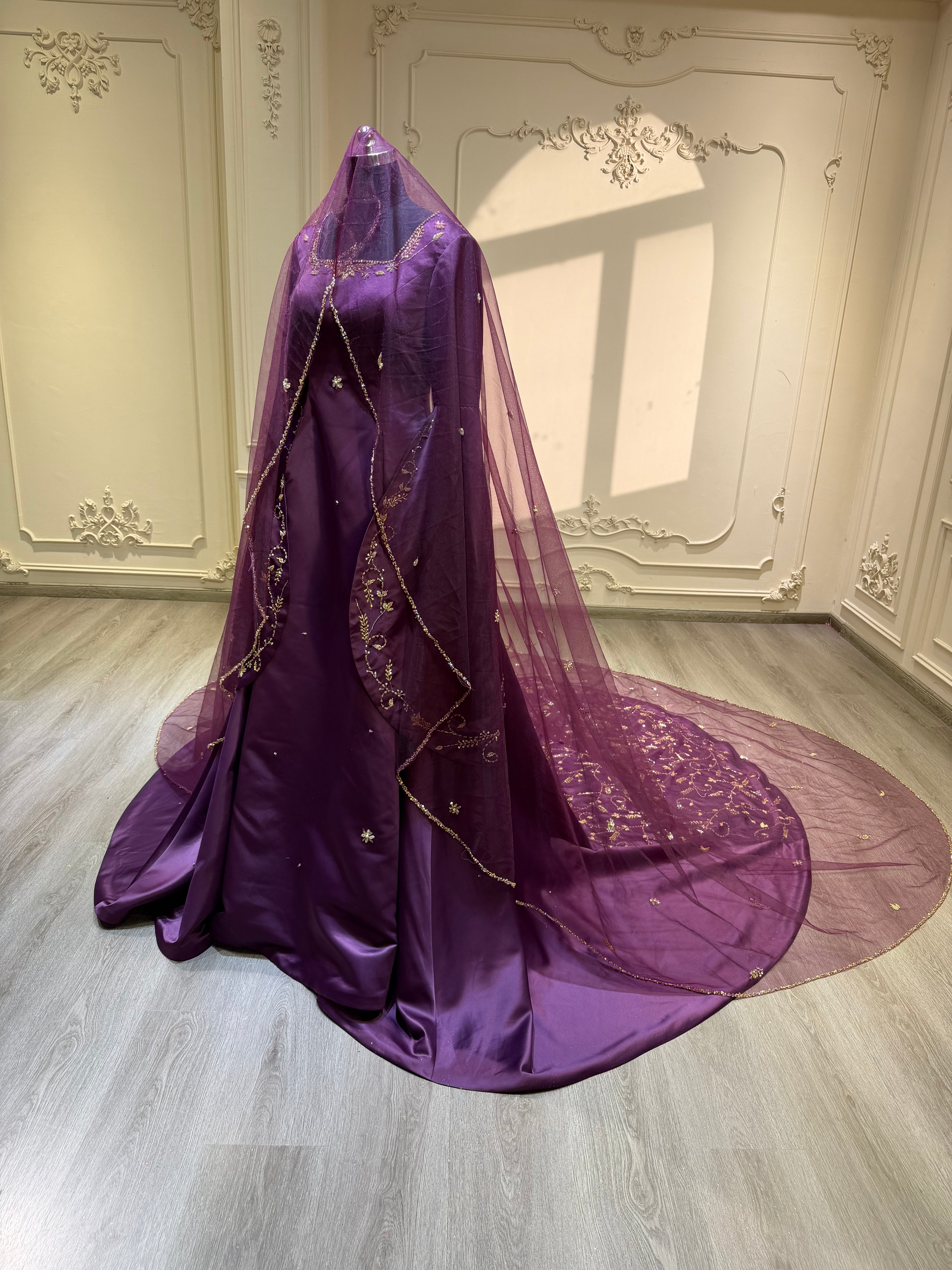 Dark purple satin dress with hand embroidered tail and veil فستان ساتان بنفسجي مع شك يدوي بالذيل بالكامل