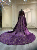 Dark purple satin dress with hand embroidered tail and veil فستان ساتان بنفسجي مع شك يدوي بالذيل بالكامل