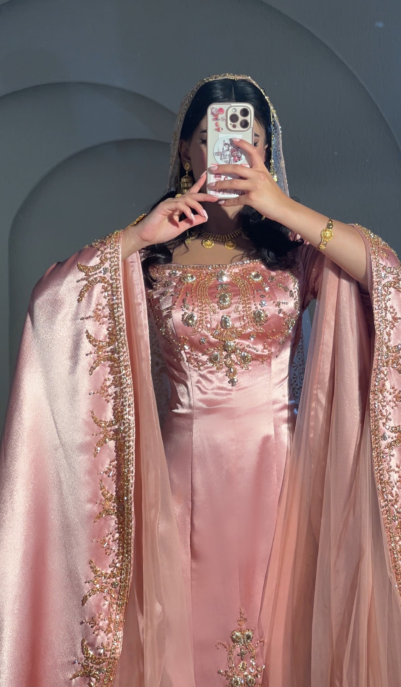 Peach henna dress with heavy hand beading فستان حنه مشمشي مع شك يدوي ثقيل