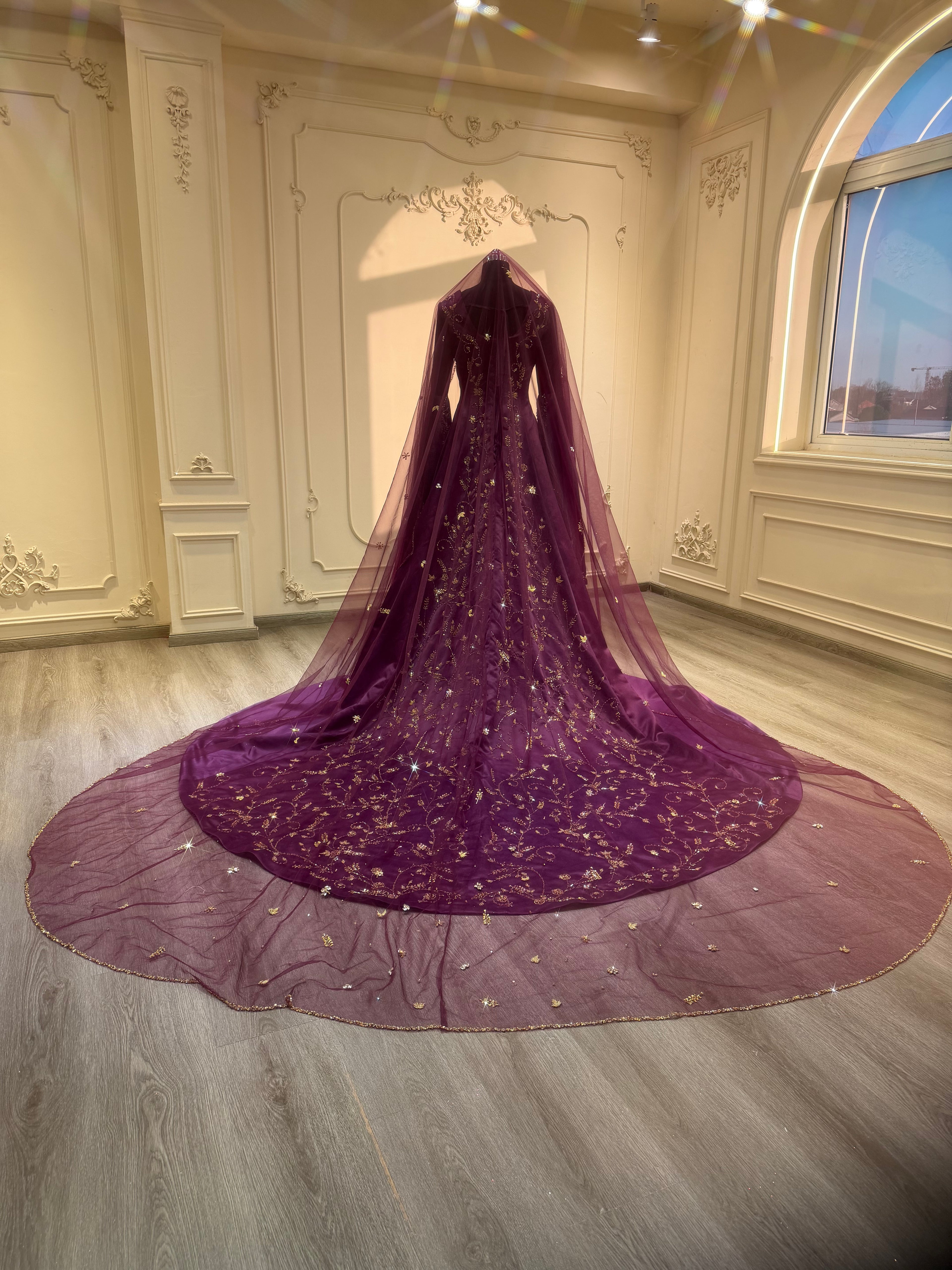 Dark purple satin dress with hand embroidered tail and veil فستان ساتان بنفسجي مع شك يدوي بالذيل بالكامل