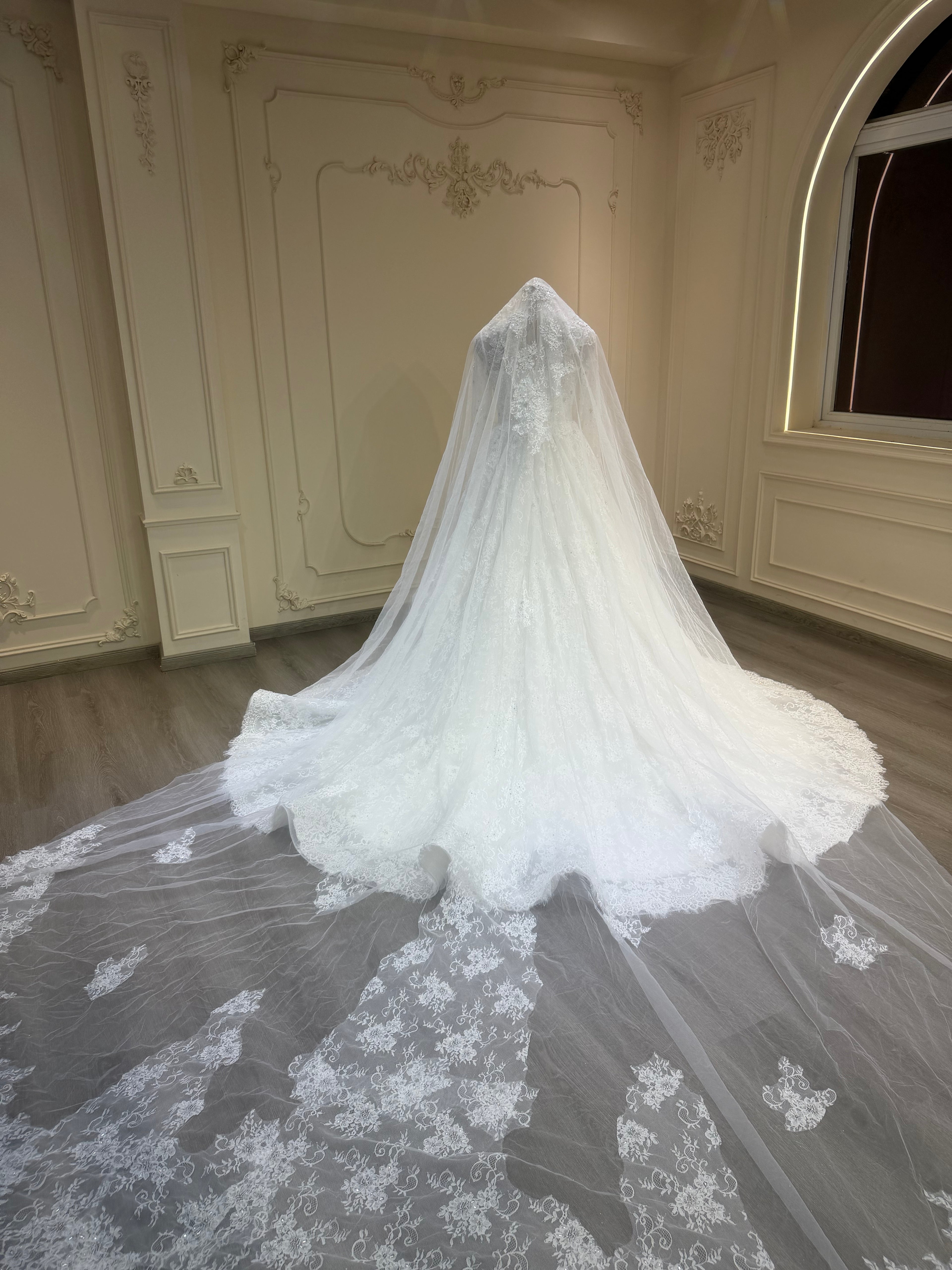 French lace dress with buttons down and long veil فستان دانتيل فرنسي مع أزرار و طرحة