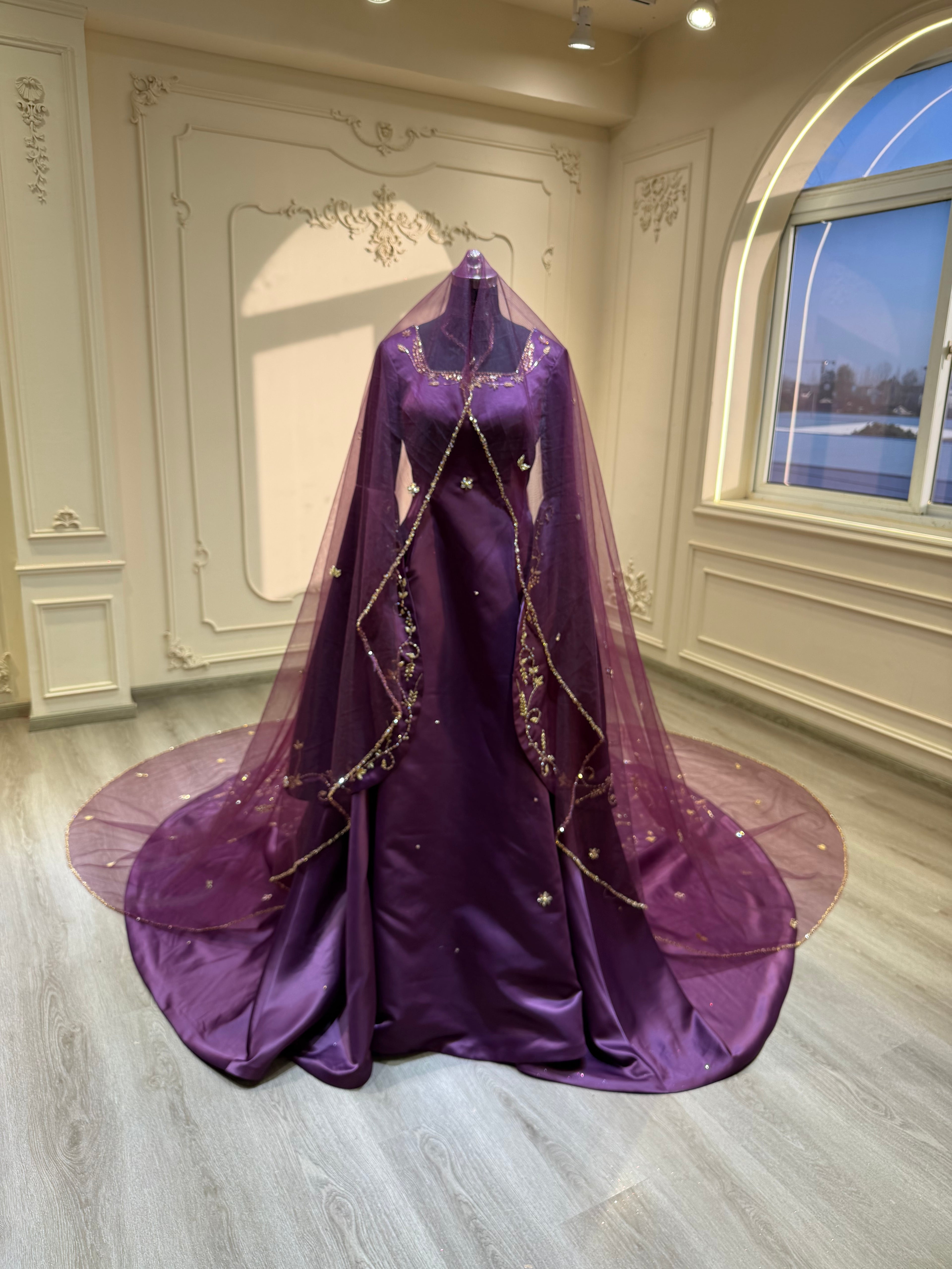 Dark purple satin dress with hand embroidered tail and veil فستان ساتان بنفسجي مع شك يدوي بالذيل بالكامل