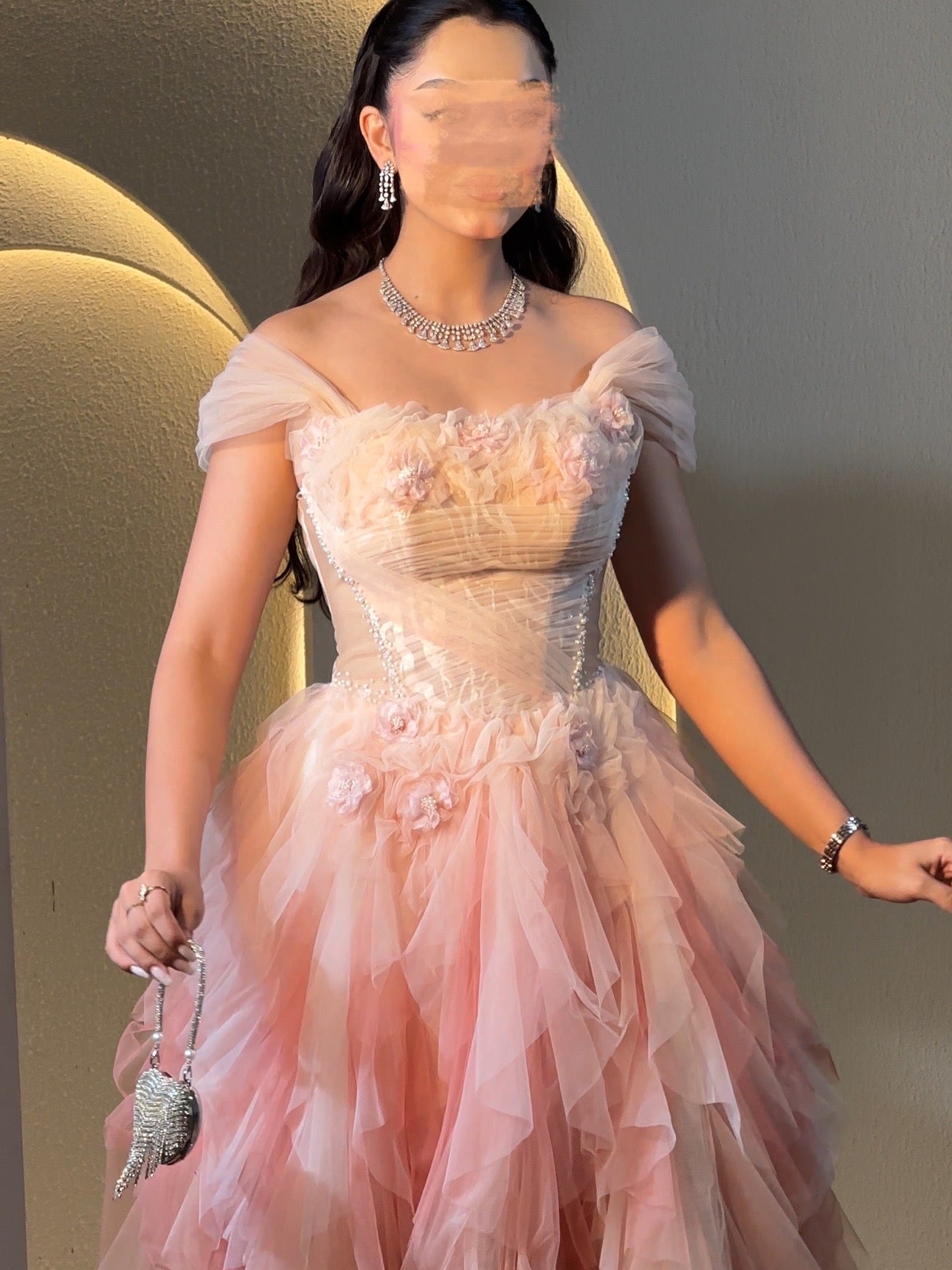 Ombré tulle layered dress with hand details فستان اومبري مع كسرات و شغل يد
