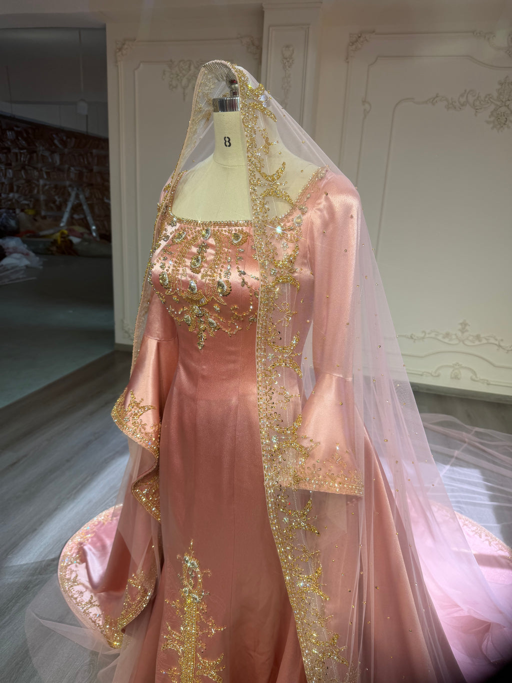 Peach henna dress with heavy hand beading فستان حنه مشمشي مع شك يدوي ثقيل
