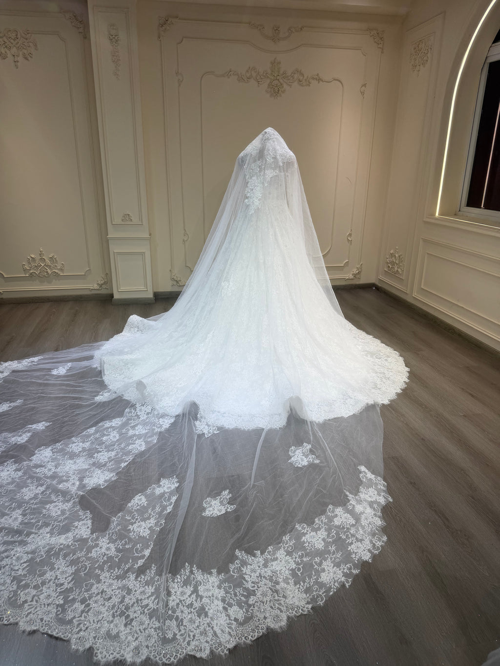 French lace dress with buttons down and long veil فستان دانتيل فرنسي مع أزرار و طرحة