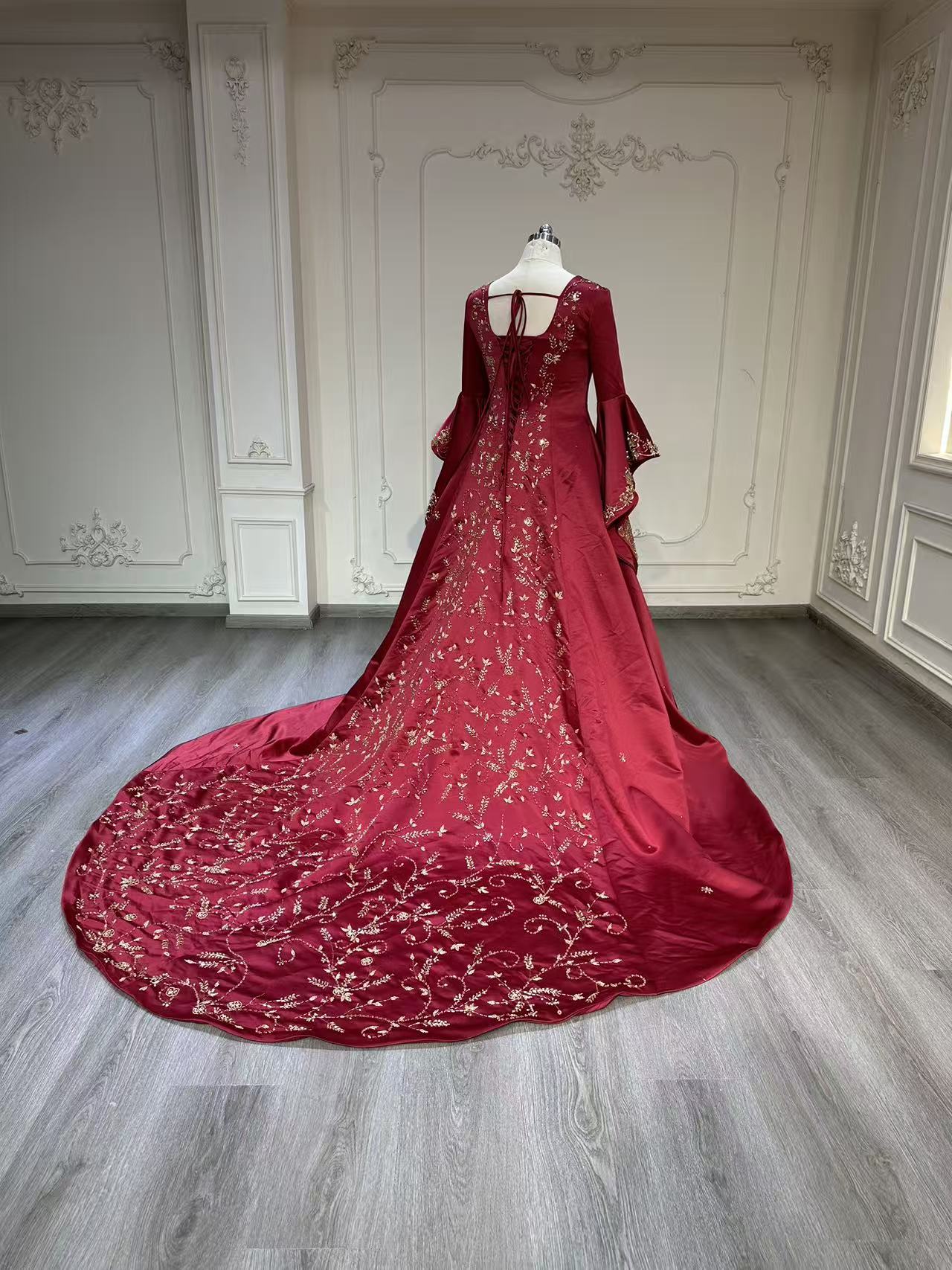 Red malka dress with fully embroidered tail فستان ملكة احمر مع ذيل مشكوك بالكامل