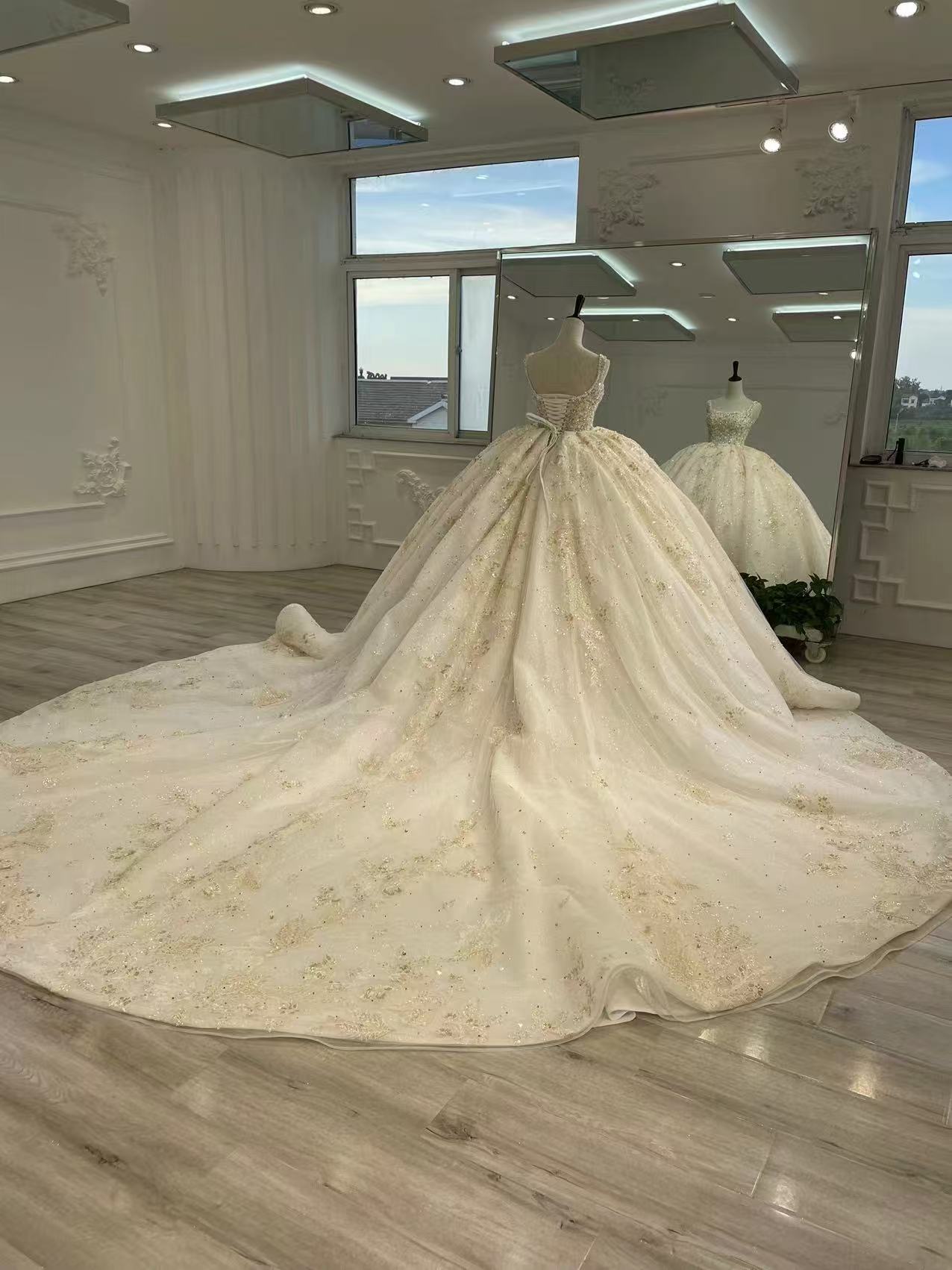 Ballgown champagne dress with heavy hand beading فستان منفوش مع شك يدوي ثقيل