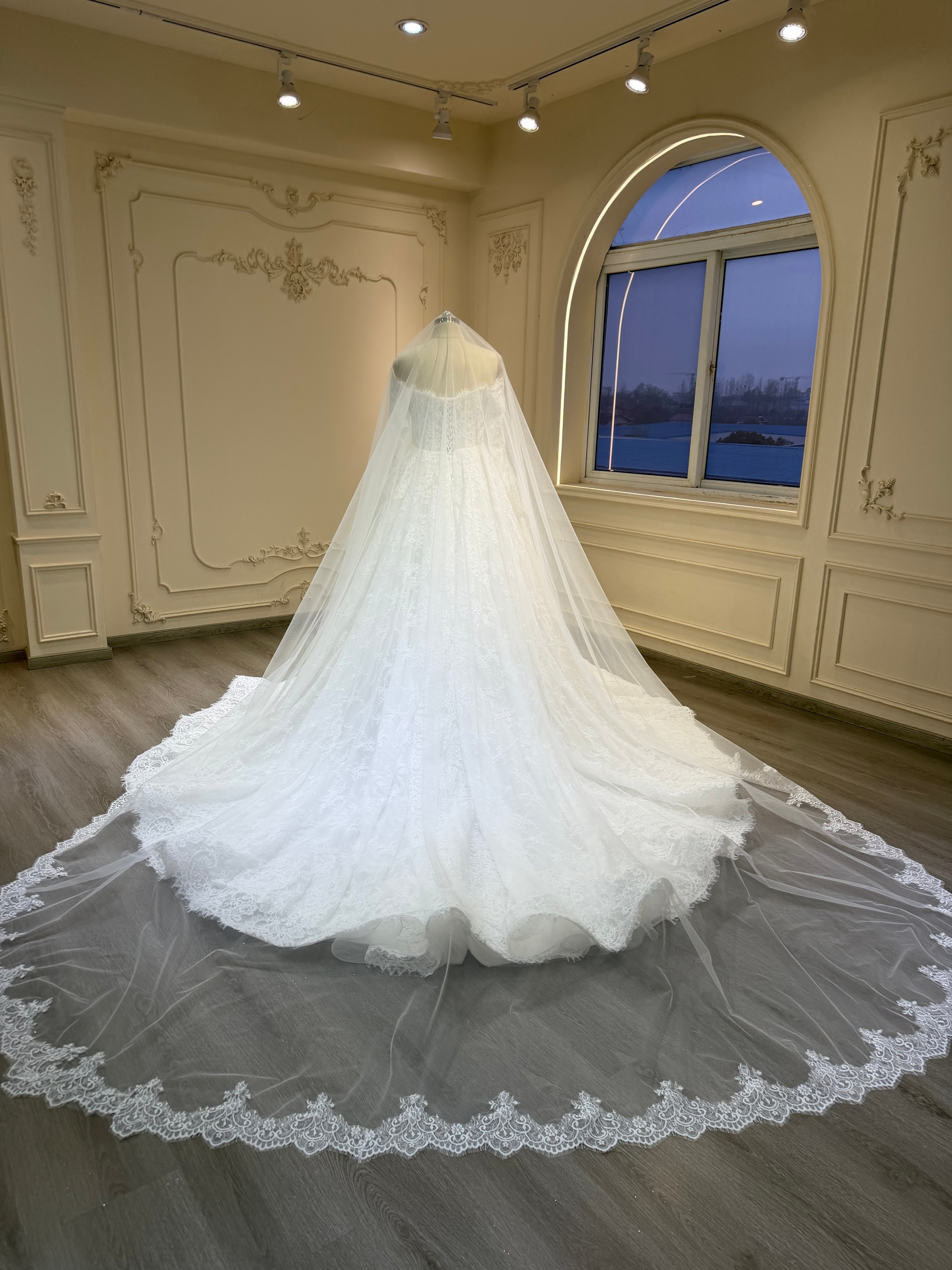 Intricate lace dress with corset and long veil فستان دانتيل فرنسي مع كورسيت و طرحة طويلة