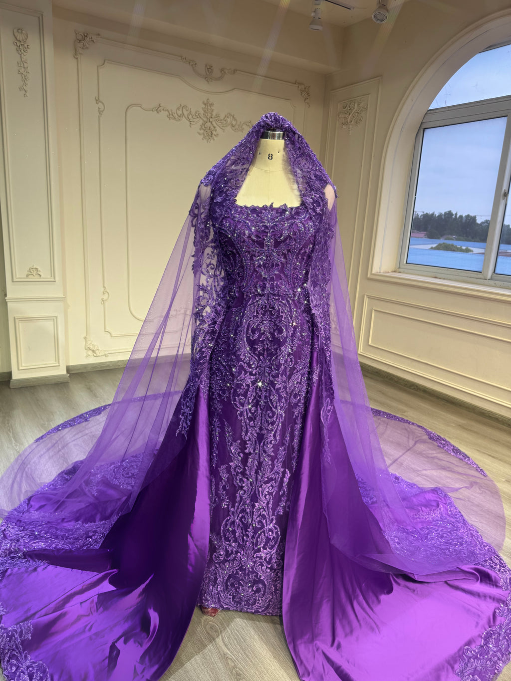 Dark purple fishtail malka dress with veil فستان بنفسجي غامق مع تنورة و طرحة