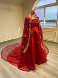 Red malka dress with fully embroidered tail فستان ملكة احمر مع ذيل مشكوك بالكامل