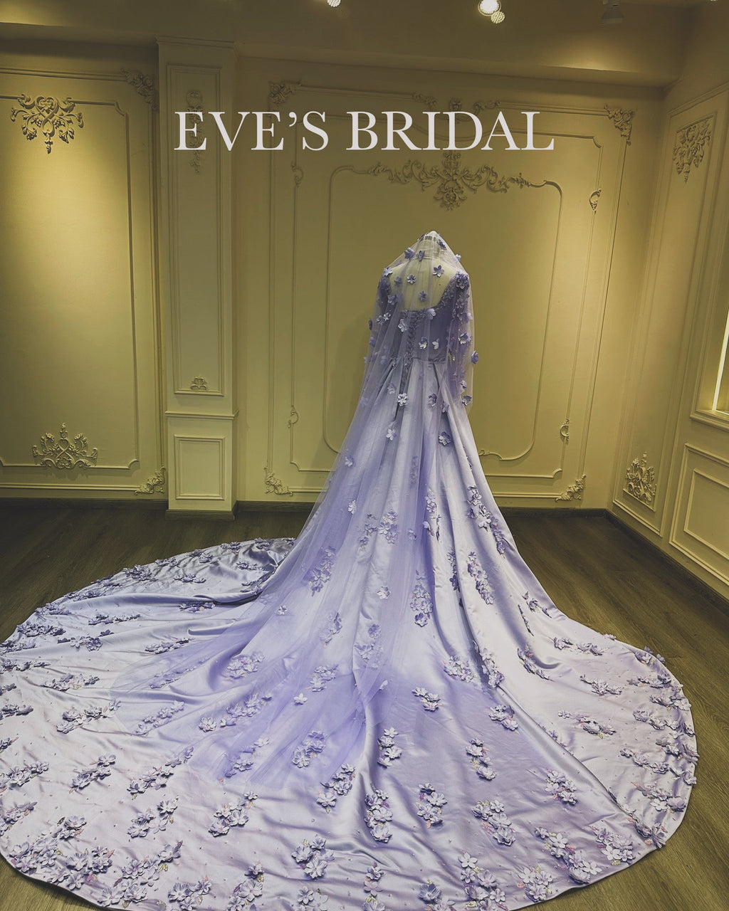 Lilac flower dress with veil and handmade flowers فستان خطوبة ليلكي مع تركيب يدوي للورد