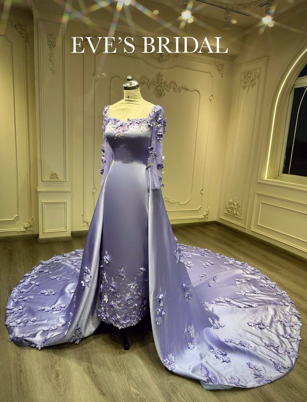 Lilac flower dress with veil and handmade flowers فستان خطوبة ليلكي مع تركيب يدوي للورد