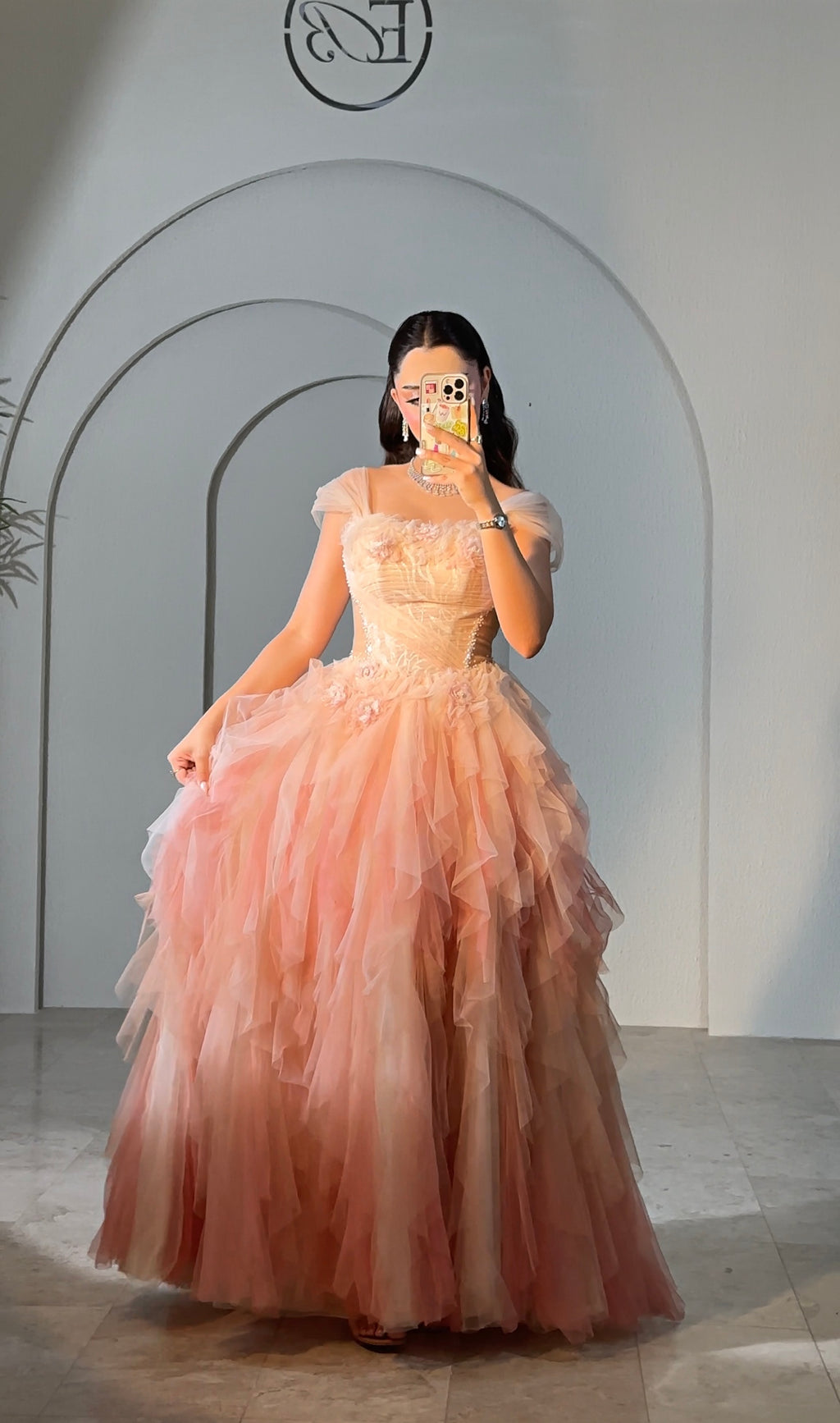 Ombré tulle layered dress with hand details فستان اومبري مع كسرات و شغل يد
