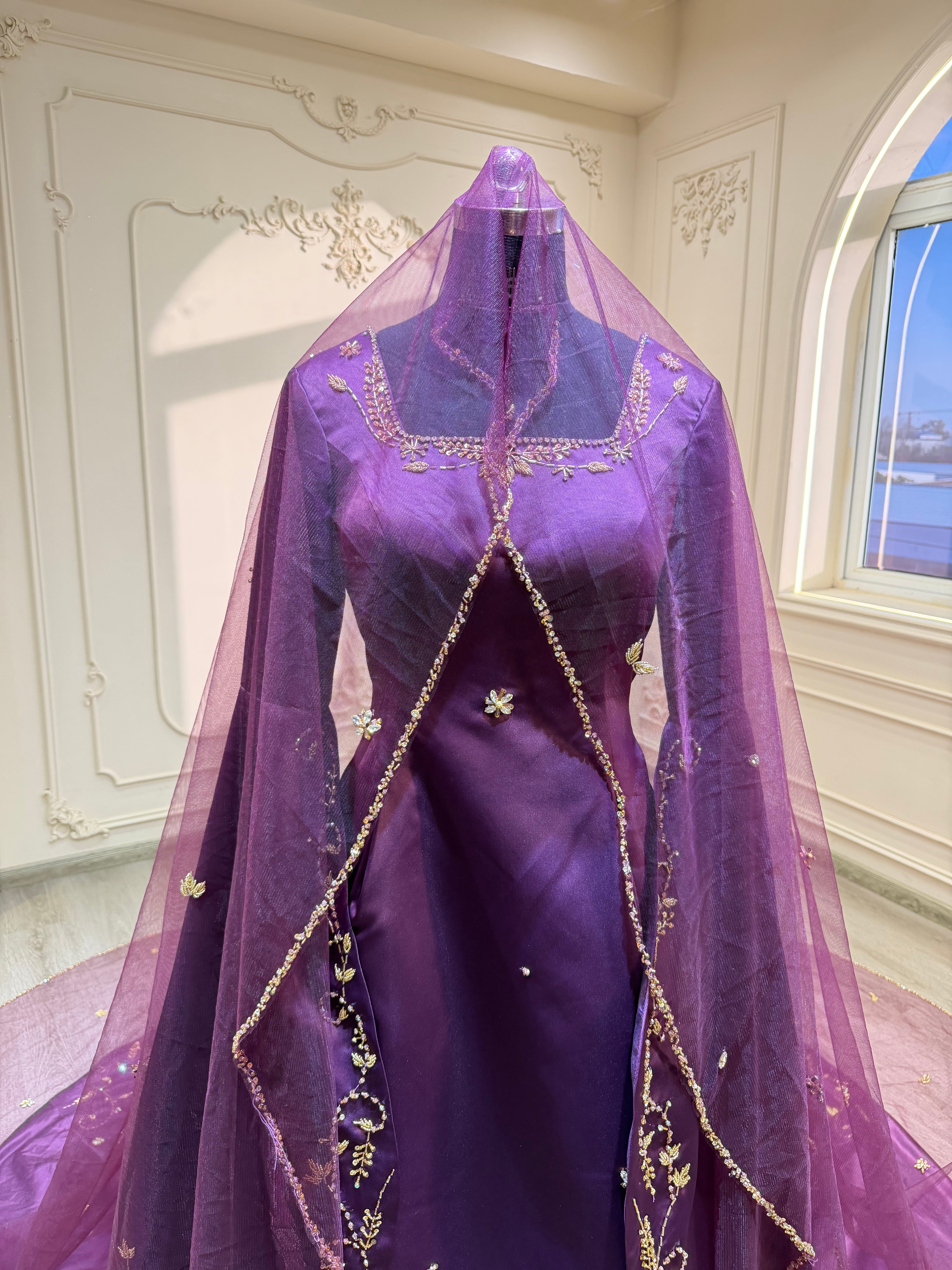 Dark purple satin dress with hand embroidered tail and veil فستان ساتان بنفسجي مع شك يدوي بالذيل بالكامل