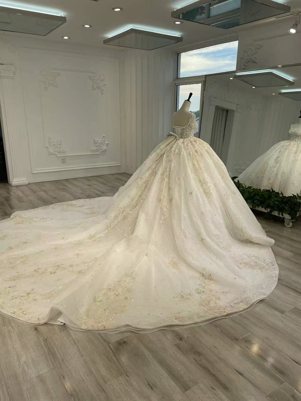 Ballgown champagne dress with heavy hand beading فستان منفوش مع شك يدوي ثقيل