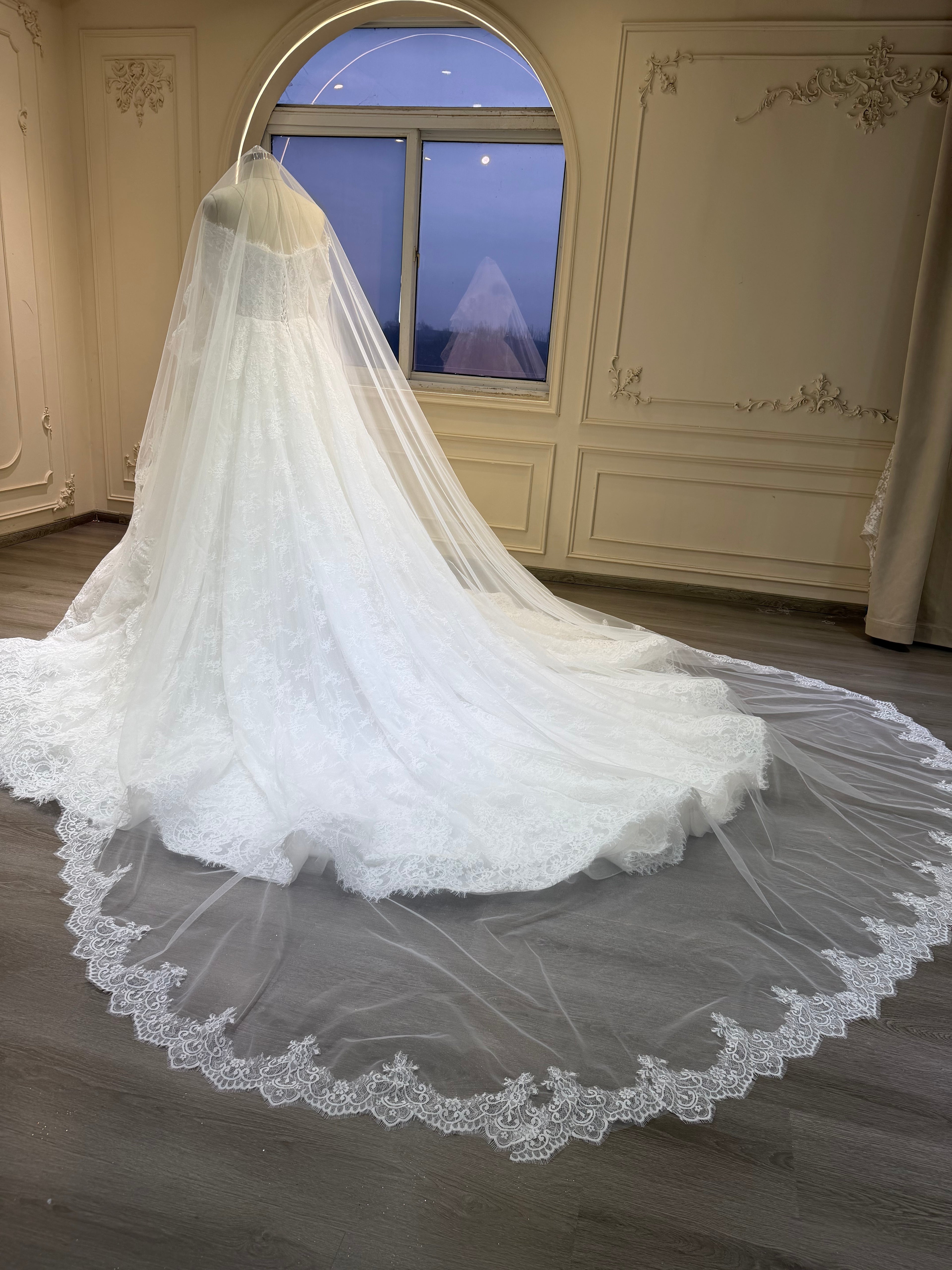 Intricate lace dress with corset and long veil فستان دانتيل فرنسي مع كورسيت و طرحة طويلة