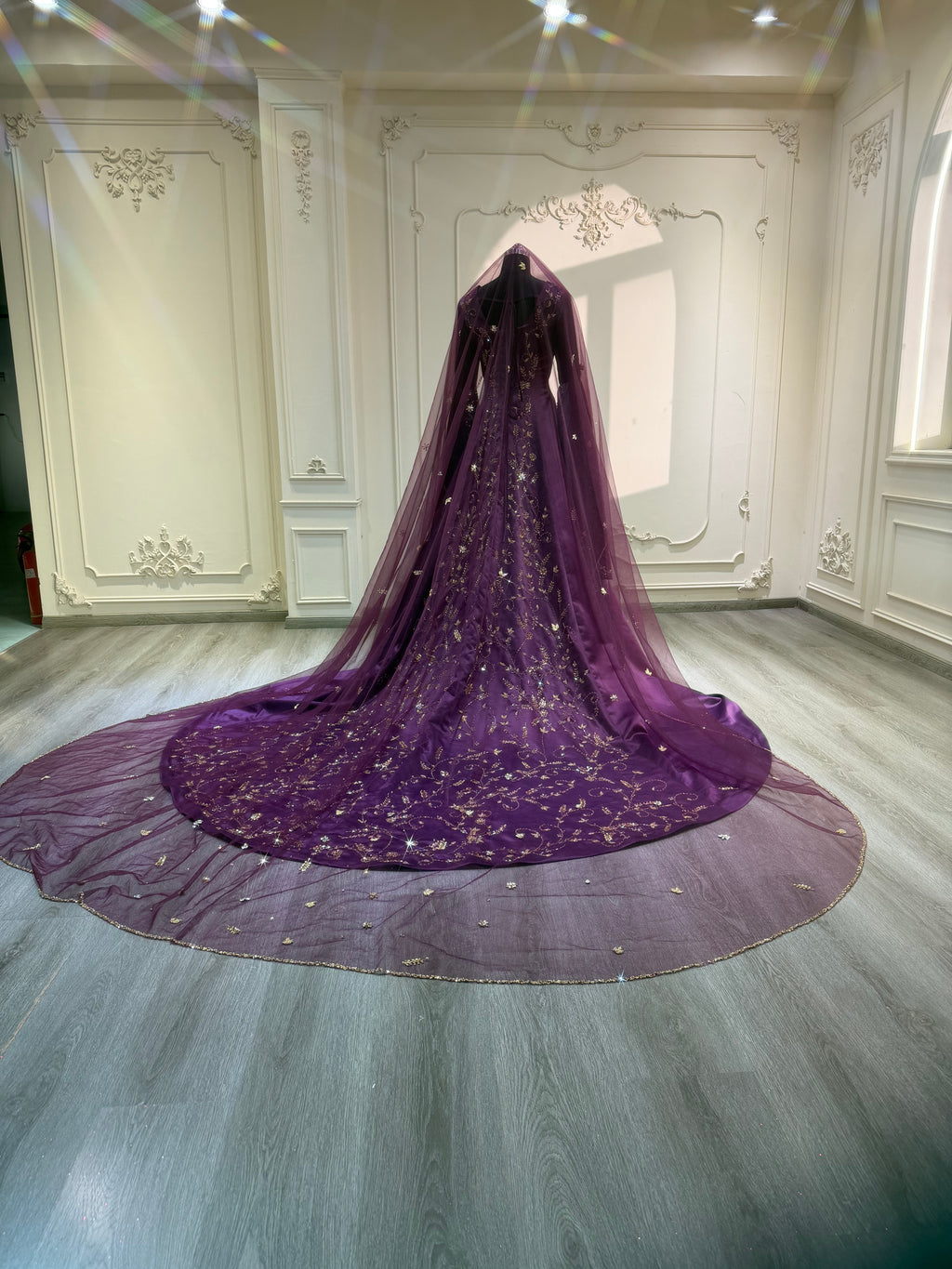 Dark purple satin dress with hand embroidered tail and veil فستان ساتان بنفسجي مع شك يدوي بالذيل بالكامل
