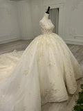Ballgown champagne dress with heavy hand beading فستان منفوش مع شك يدوي ثقيل