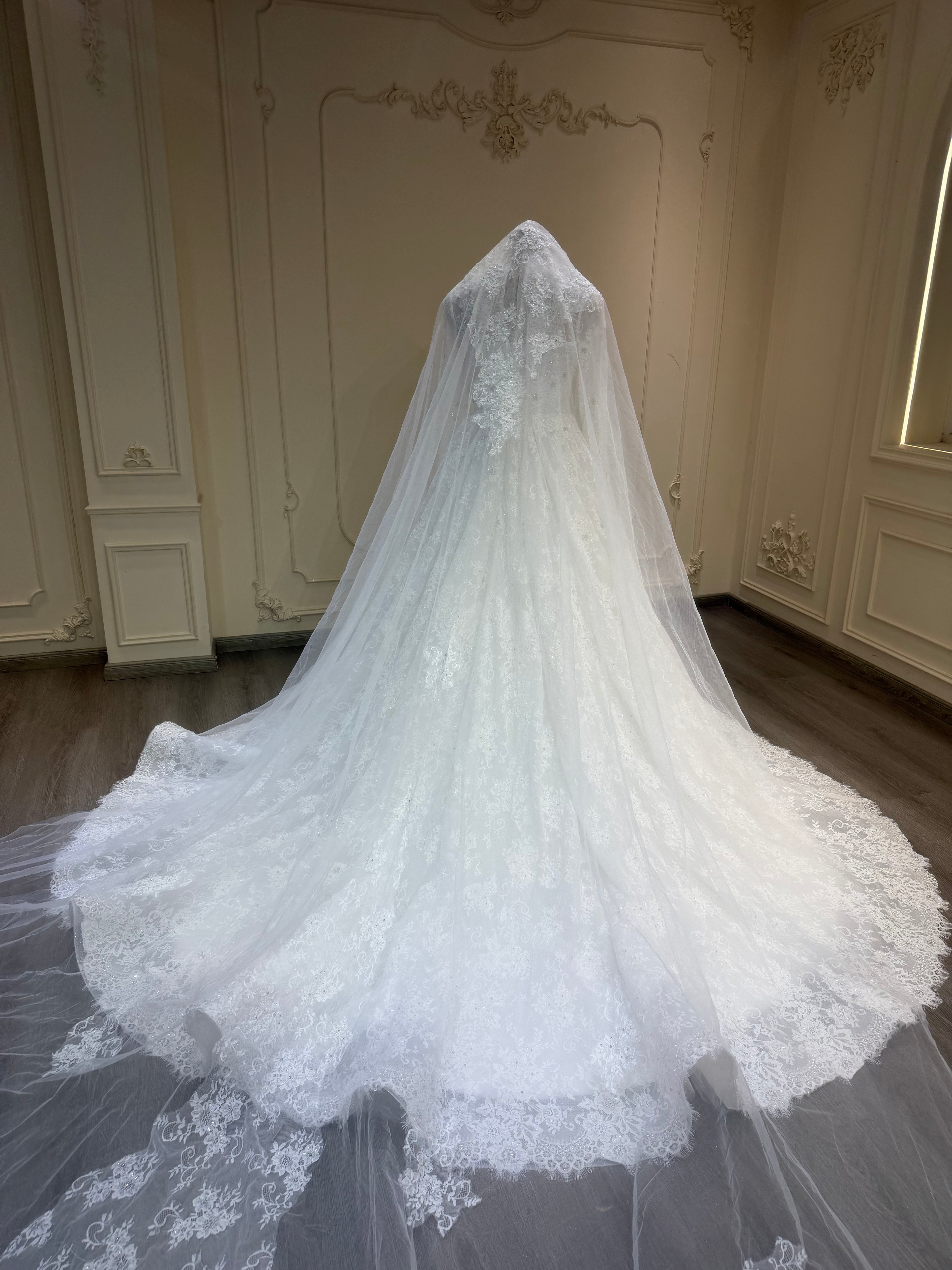 French lace dress with buttons down and long veil فستان دانتيل فرنسي مع أزرار و طرحة