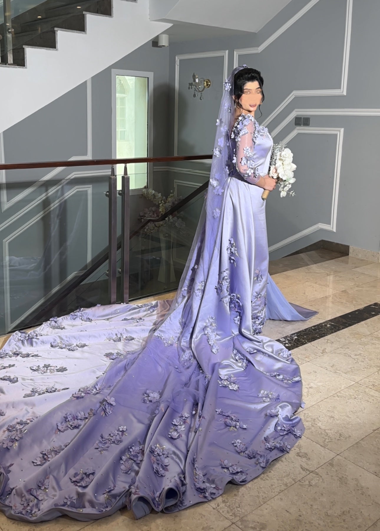 Lilac flower dress with veil and handmade flowers فستان خطوبة ليلكي مع تركيب يدوي للورد