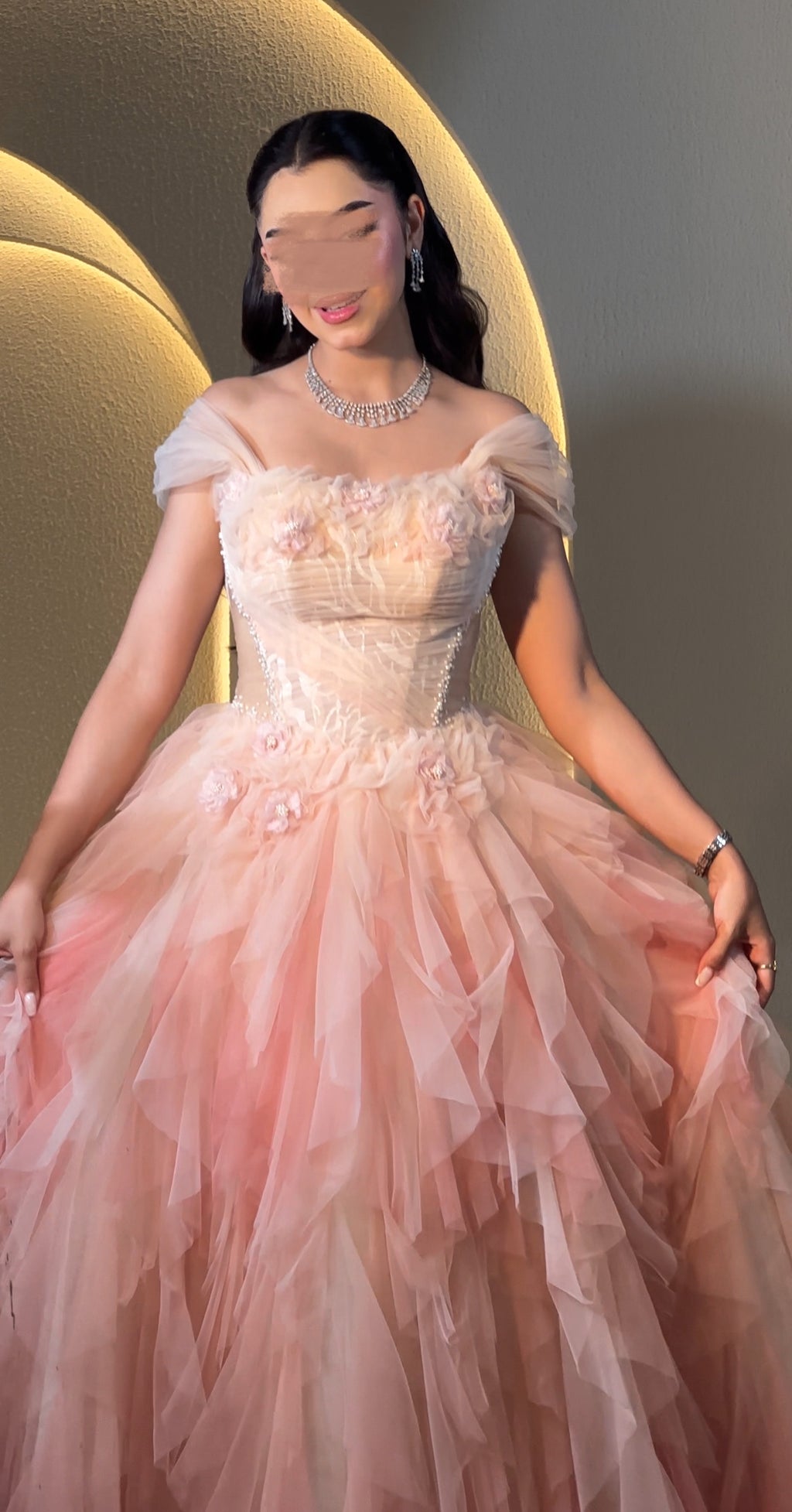 Ombré tulle layered dress with hand details فستان اومبري مع كسرات و شغل يد