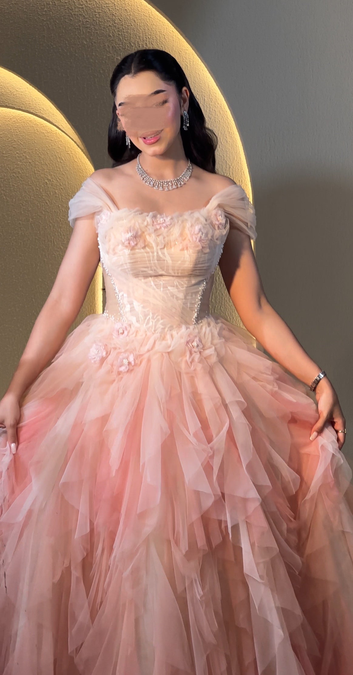 Ombré tulle layered dress with hand details فستان اومبري مع كسرات و شغل يد