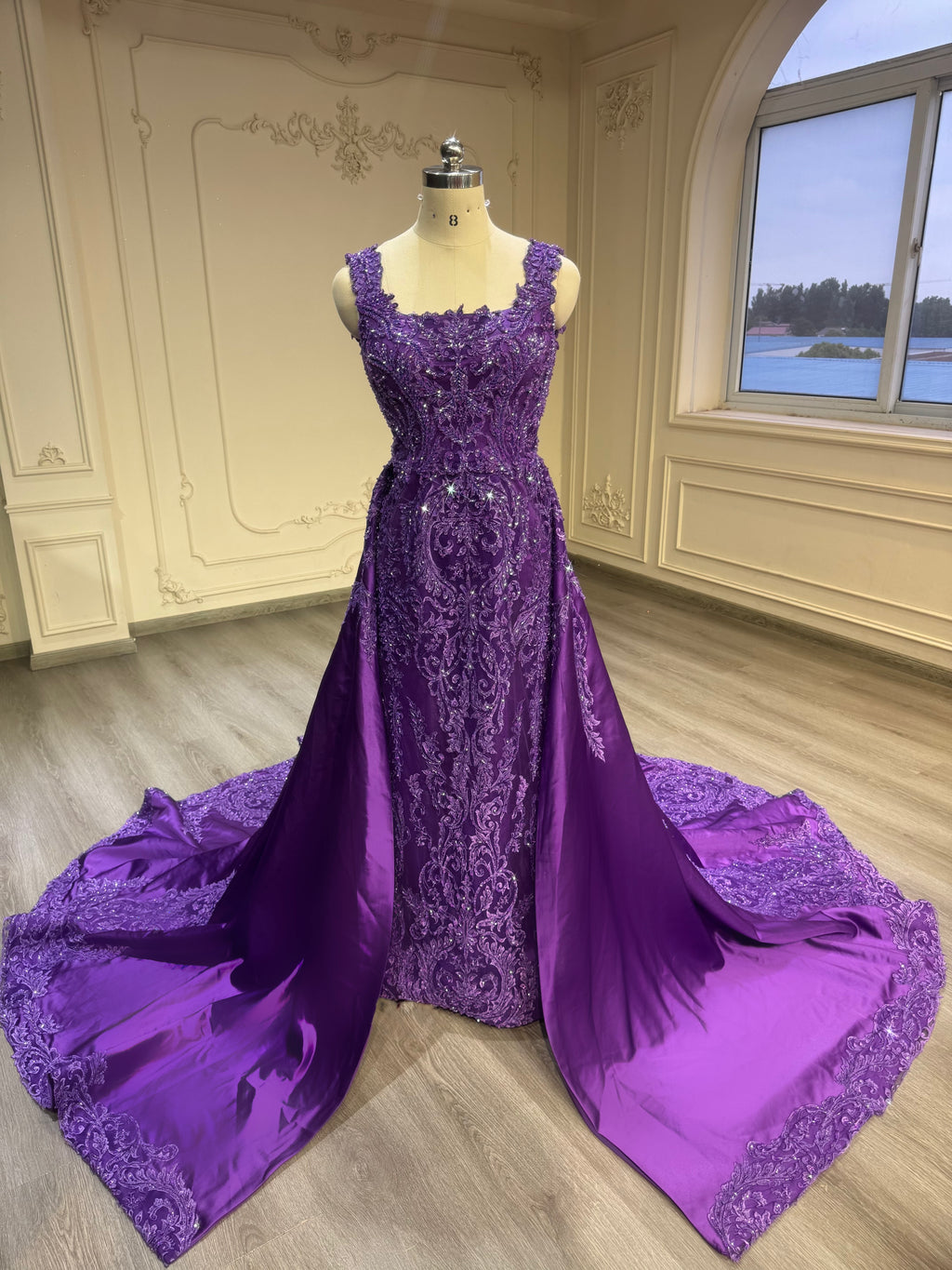 Dark purple fishtail malka dress with veil فستان بنفسجي غامق مع تنورة و طرحة
