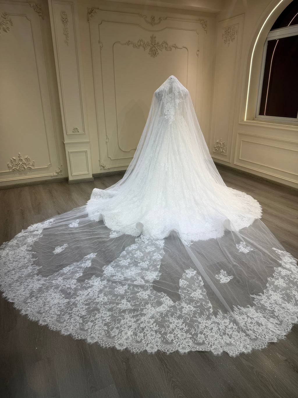 French lace dress with buttons down and long veil فستان دانتيل فرنسي مع أزرار و طرحة