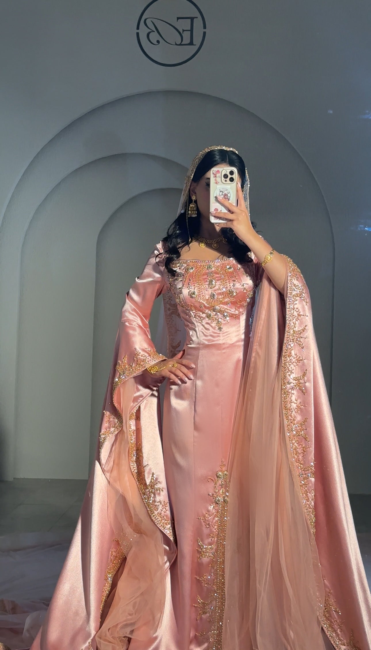 Peach henna dress with heavy hand beading فستان حنه مشمشي مع شك يدوي ثقيل
