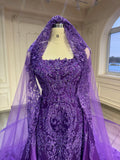 Dark purple fishtail malka dress with veil فستان بنفسجي غامق مع تنورة و طرحة