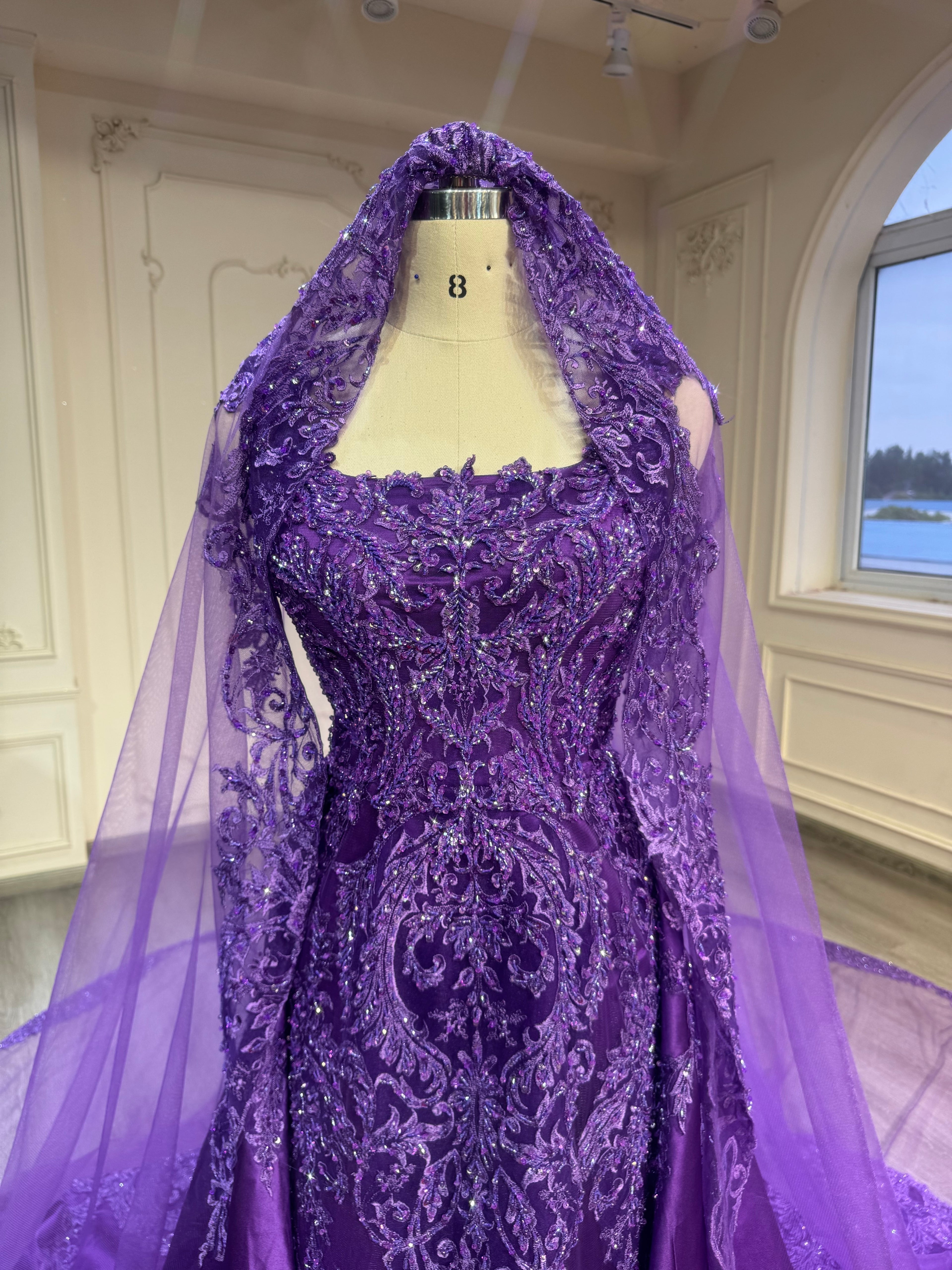 Dark purple fishtail malka dress with veil فستان بنفسجي غامق مع تنورة و طرحة