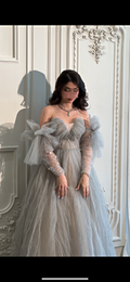 Soft grey tulle evening dress فستان سهره فضي بالتول الناعم و الشك