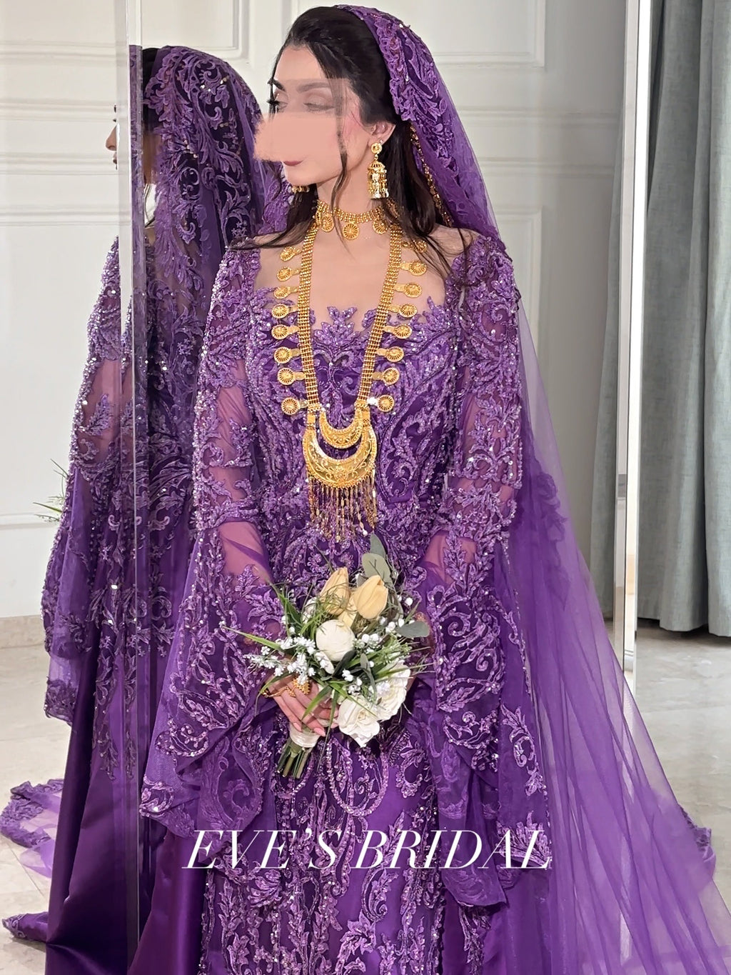 Dark purple malka dress with veil فستان بنفسجي غامق مع طرحة