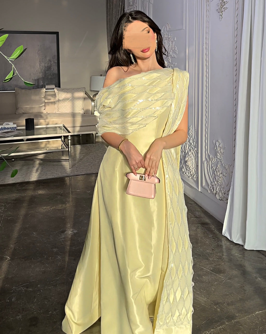 Baby yellow one shoulder dress فستان بيبي يلو