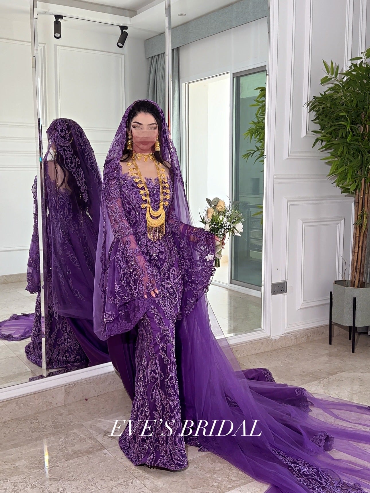 Dark purple malka dress with veil فستان بنفسجي غامق مع طرحة