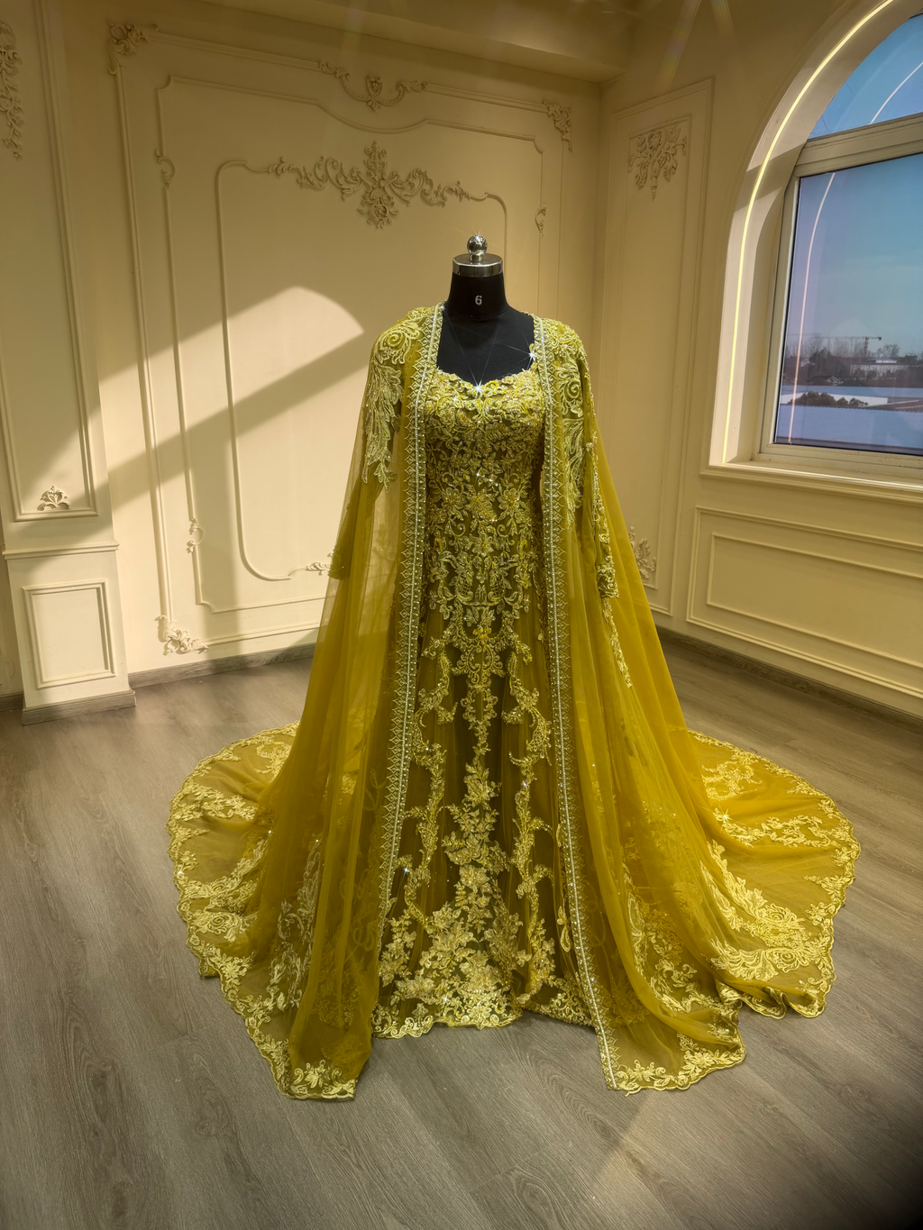 Olive green malka dress with veil فستان زيتوني الملكة مع طرحة