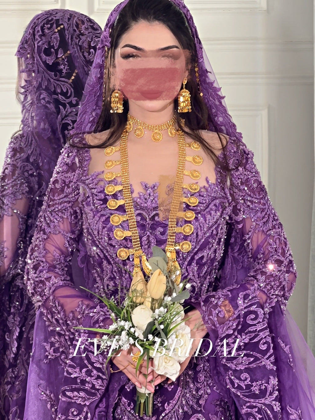 Dark purple malka dress with veil فستان بنفسجي غامق مع طرحة