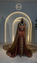Brown malka hand beaded dress with veil فستان ملكة بني مع ذيل و طرحة