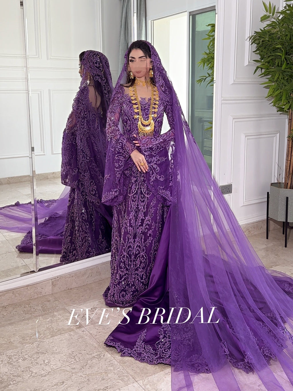 Dark purple malka dress with veil فستان بنفسجي غامق مع طرحة