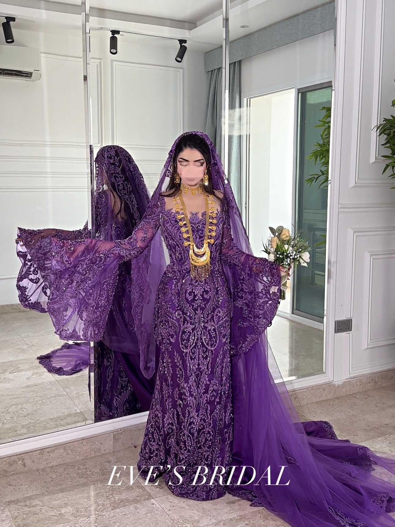 Dark purple malka dress with veil فستان بنفسجي غامق مع طرحة