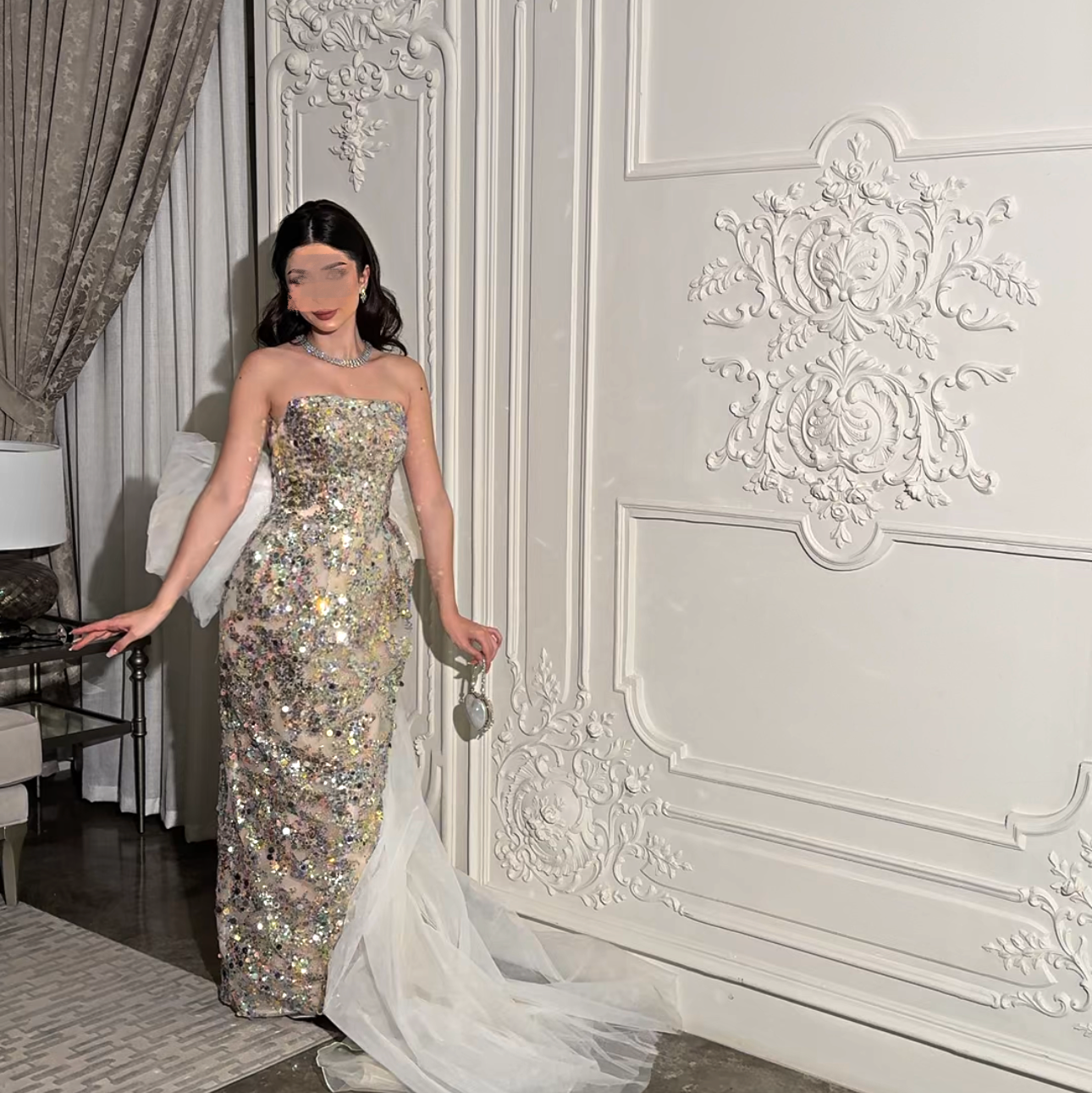 Multicolor sequin with tulle tail فستان ملون مع ذيل تول