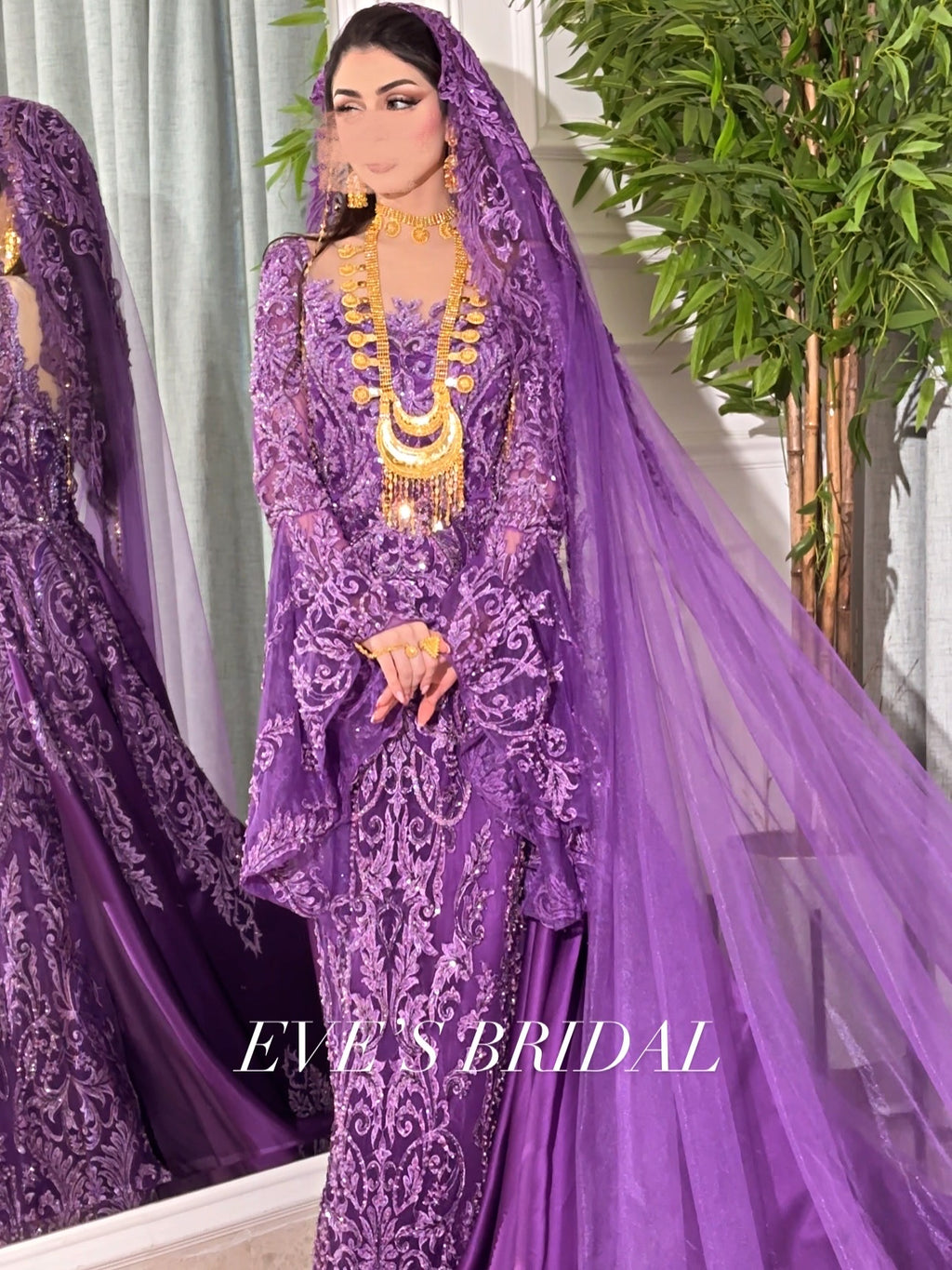 Dark purple malka dress with veil فستان بنفسجي غامق مع طرحة