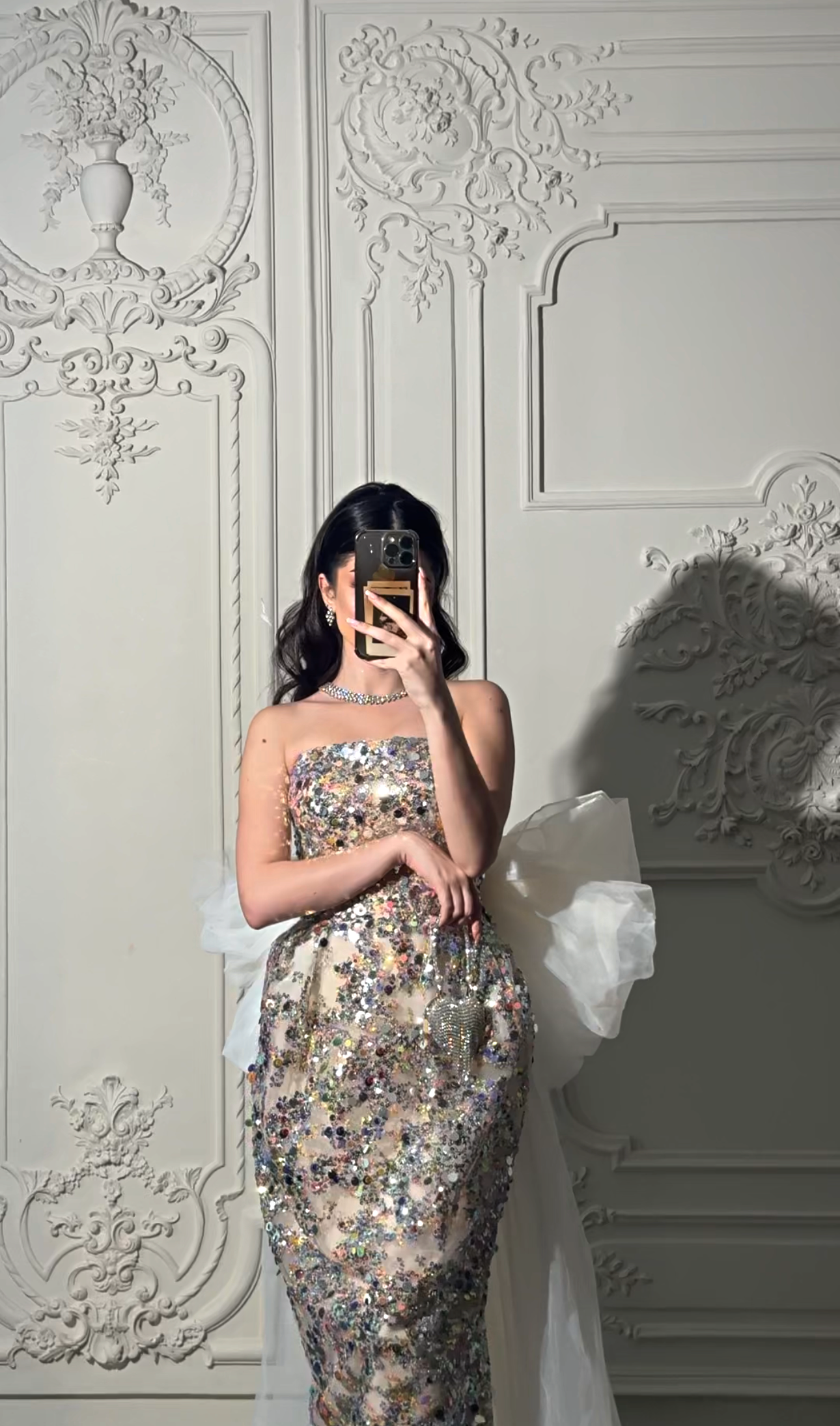 Multicolor sequin with tulle tail فستان ملون مع ذيل تول