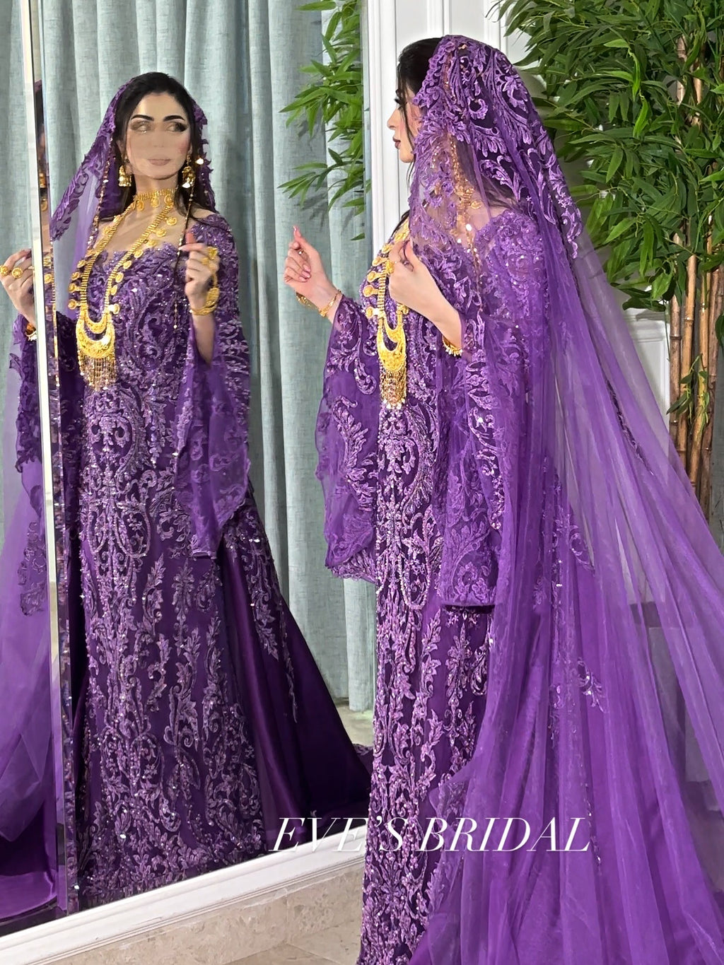 Dark purple malka dress with veil فستان بنفسجي غامق مع طرحة